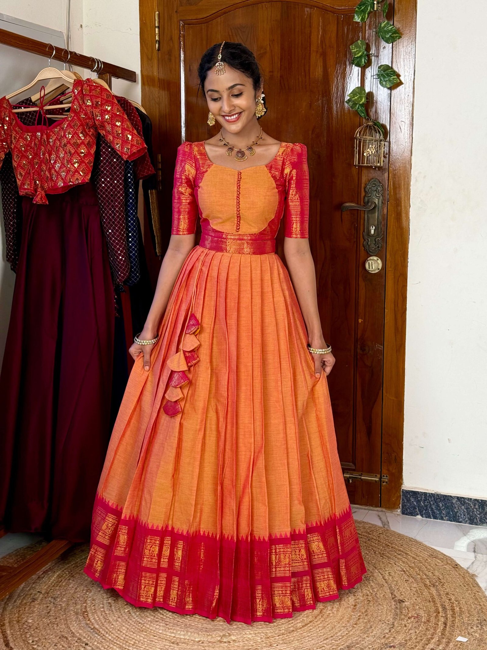 4 in 1 Mustard and Rani pink dreamy layers lehenga set