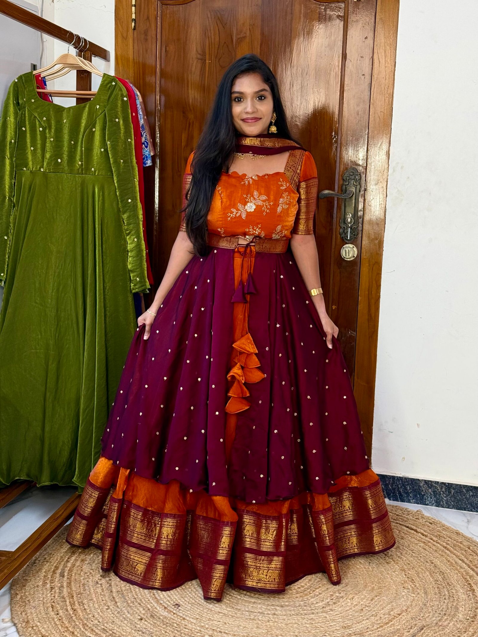 4 in 1 Rust orange and wine Lehenga set