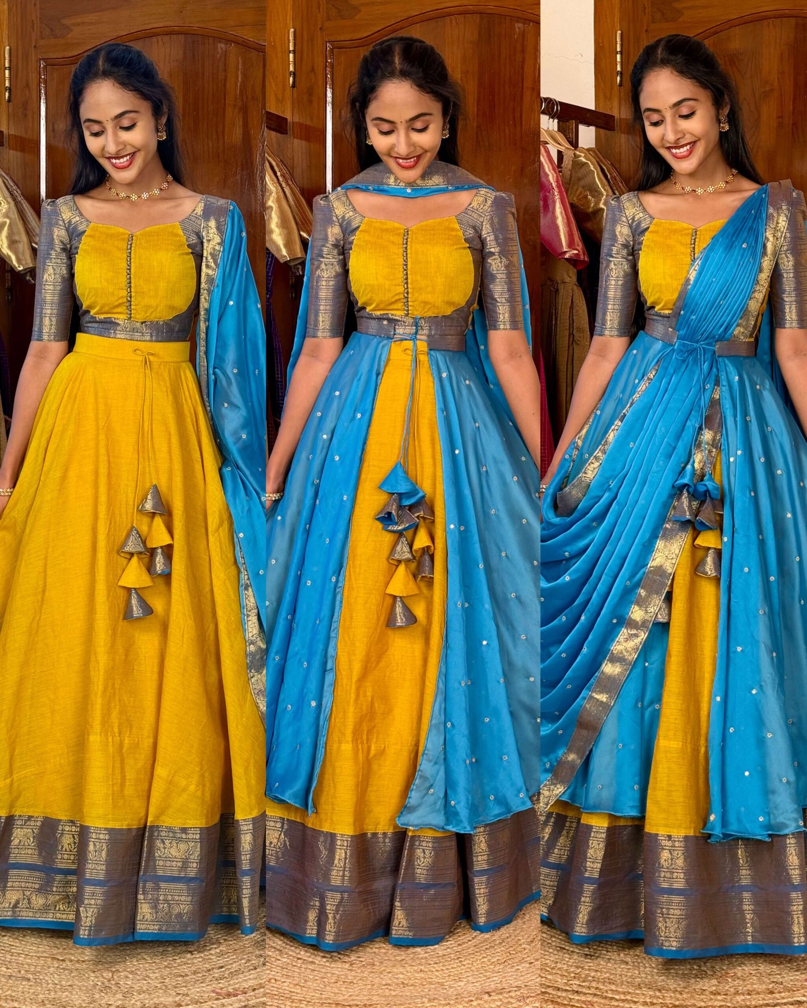 4 in 1 Yellow and blue dreamy layers lehenga set