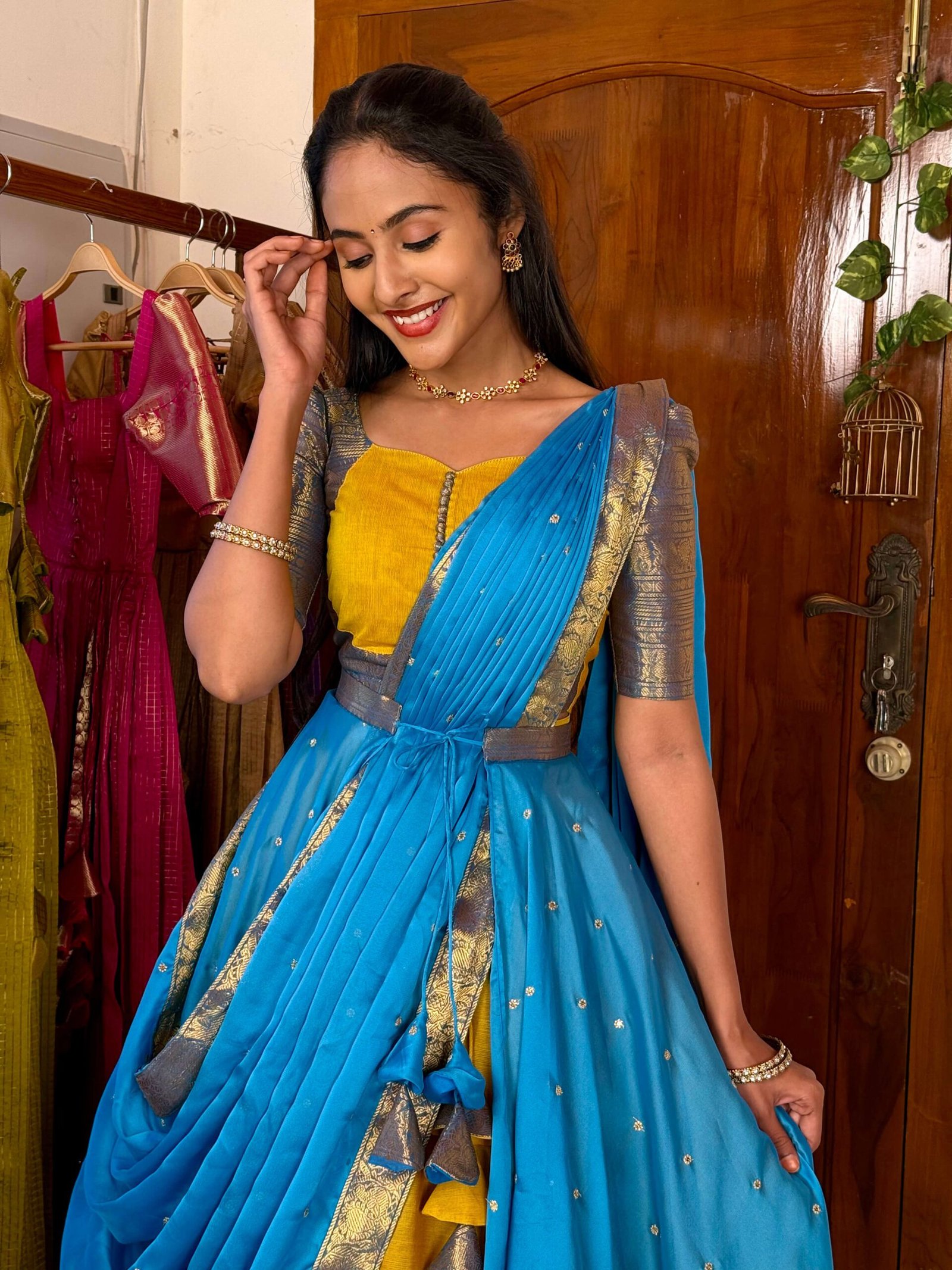4 in 1 Yellow and blue dreamy layers lehenga set
