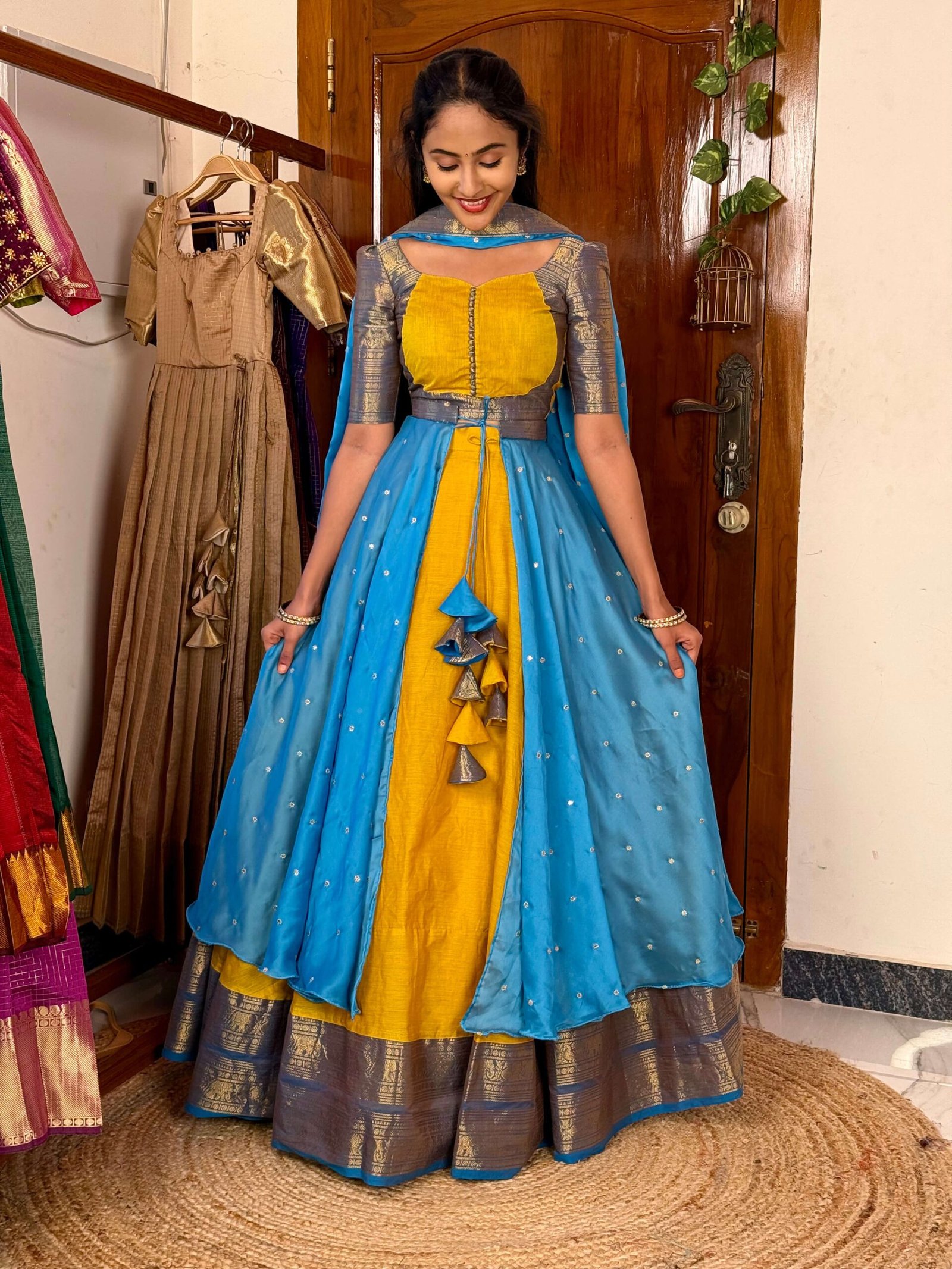 4 in 1 Yellow and blue dreamy layers lehenga set