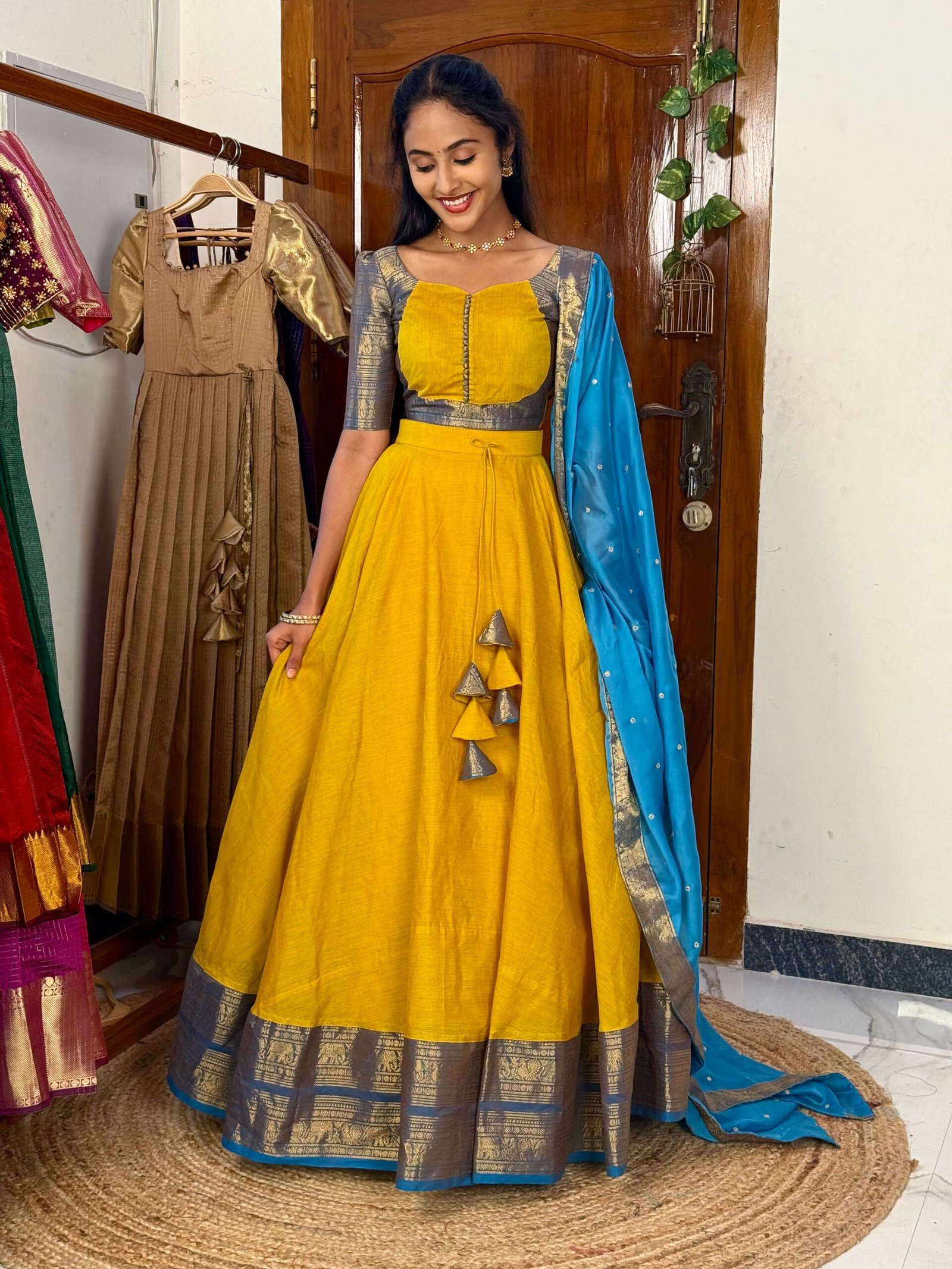 4 in 1 Yellow and blue dreamy layers lehenga set