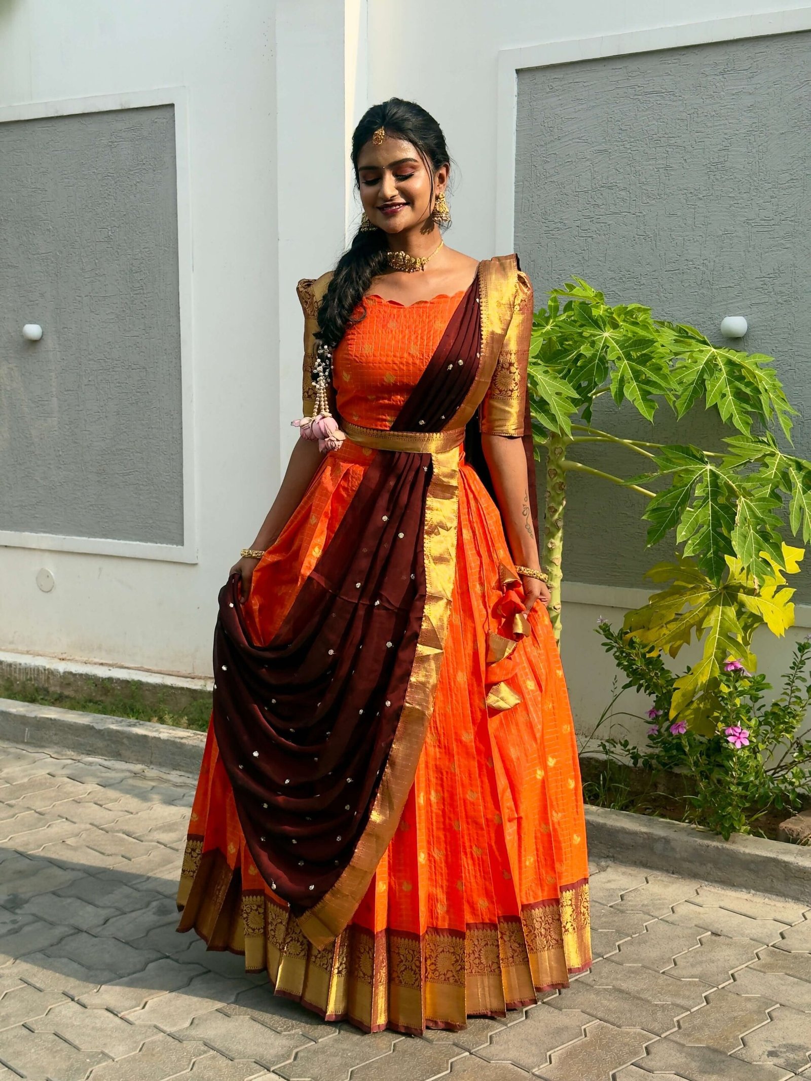 Kanmani - Orange and Brown soft tissue Halfsaree