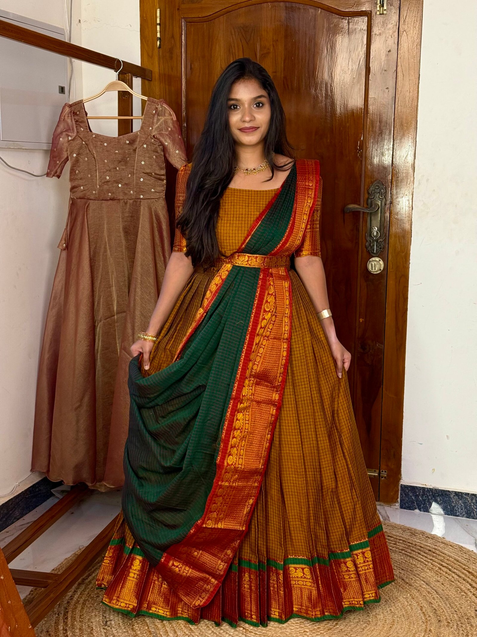 Karigai Checks Hallf saree -  Mustard And Dark Green