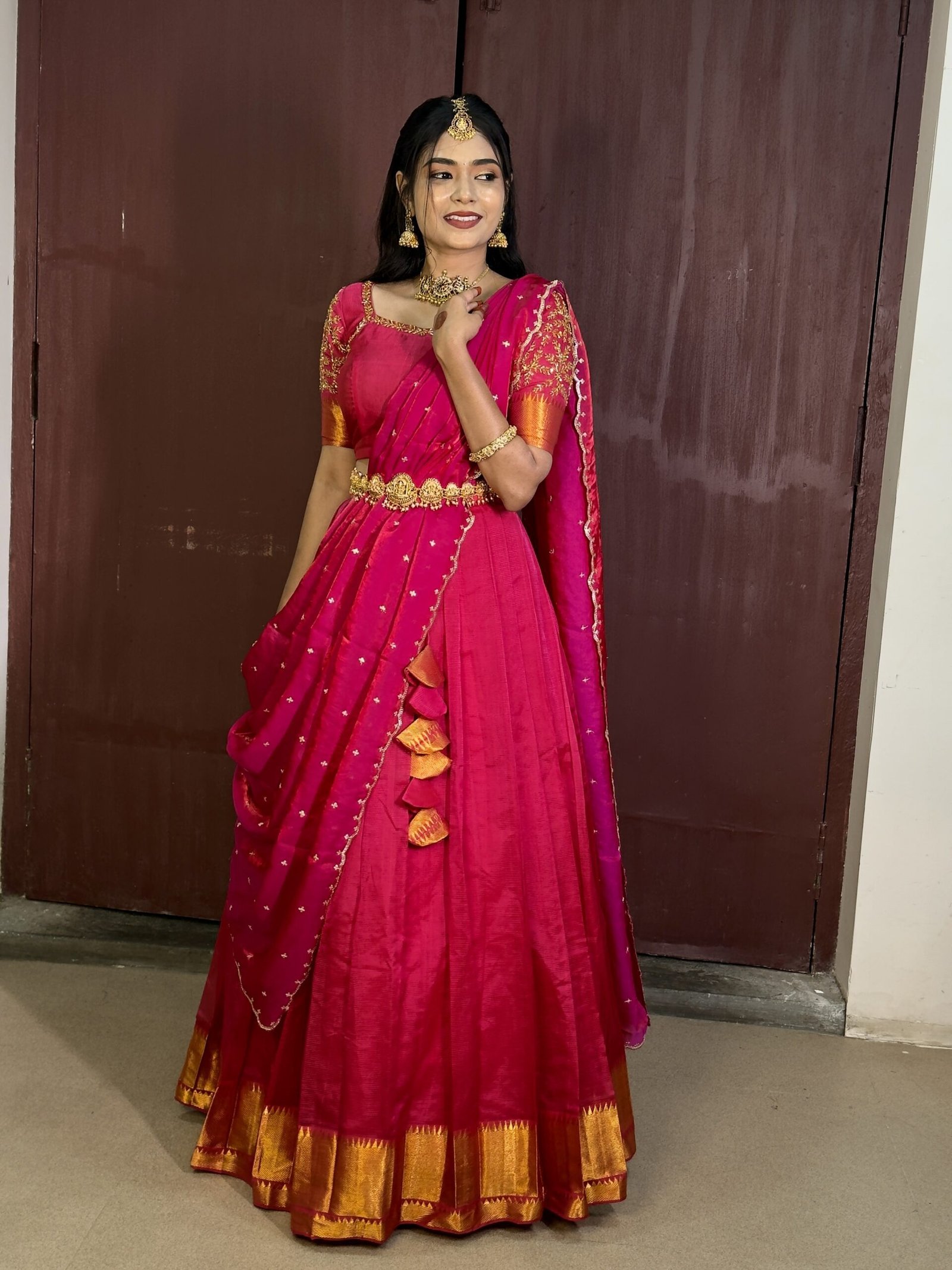 Mangalagiri Silk Premium Halfsaree - Rani pink