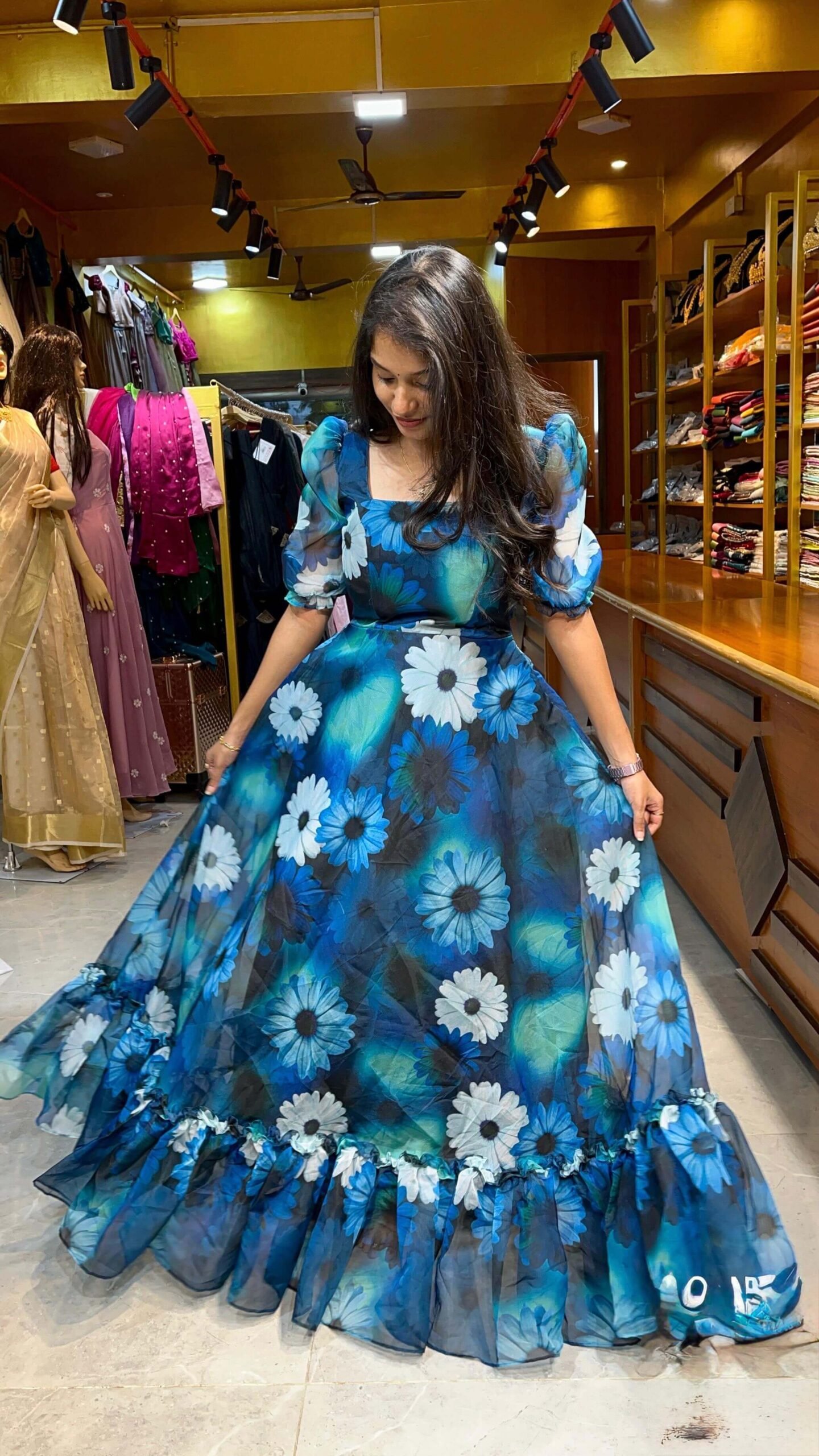 RUFFLED FLORAL ORGANZA - Blue (Maxi)