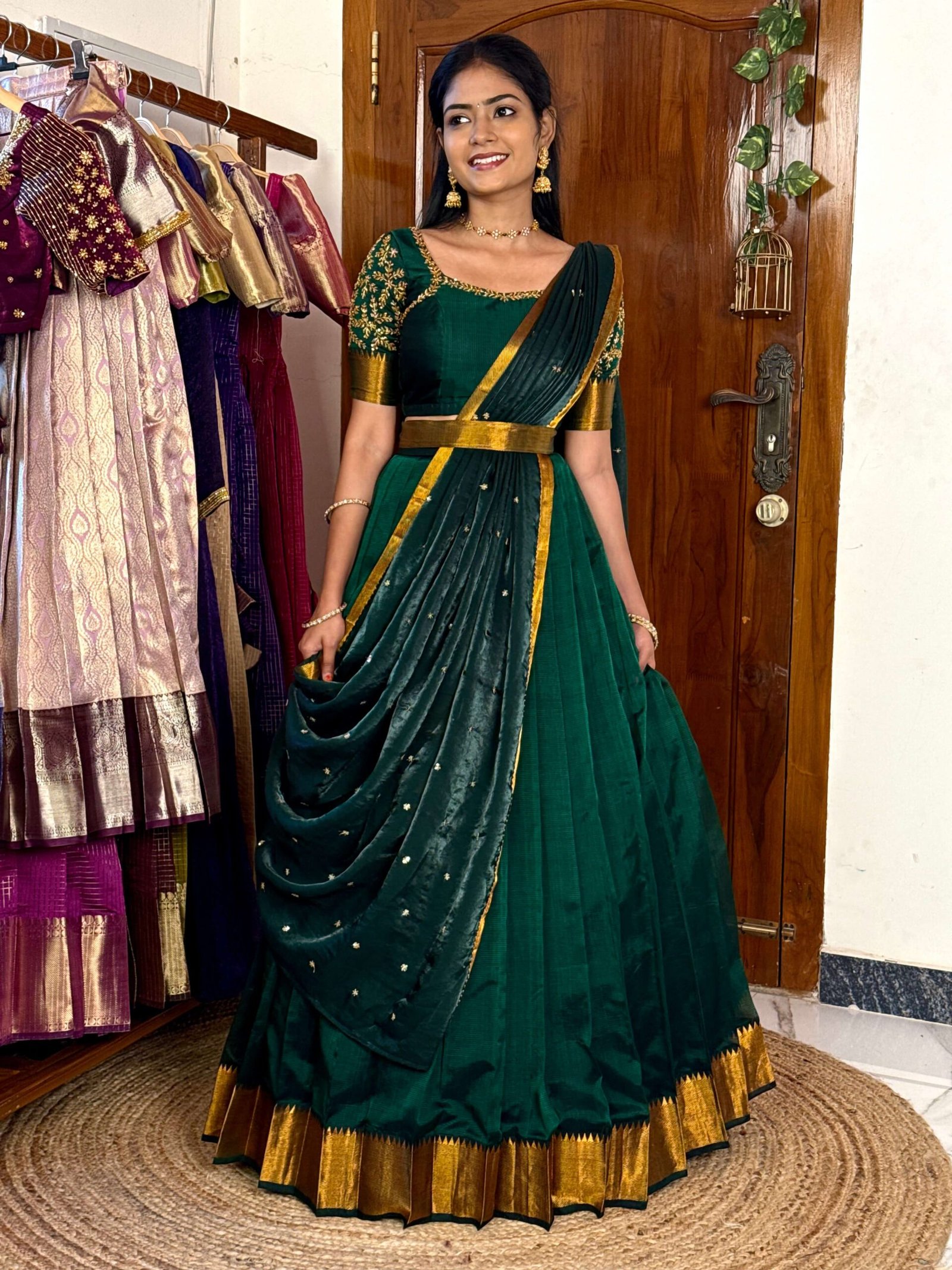 Mangalagiri Silk Premium Halfsaree - Dark green