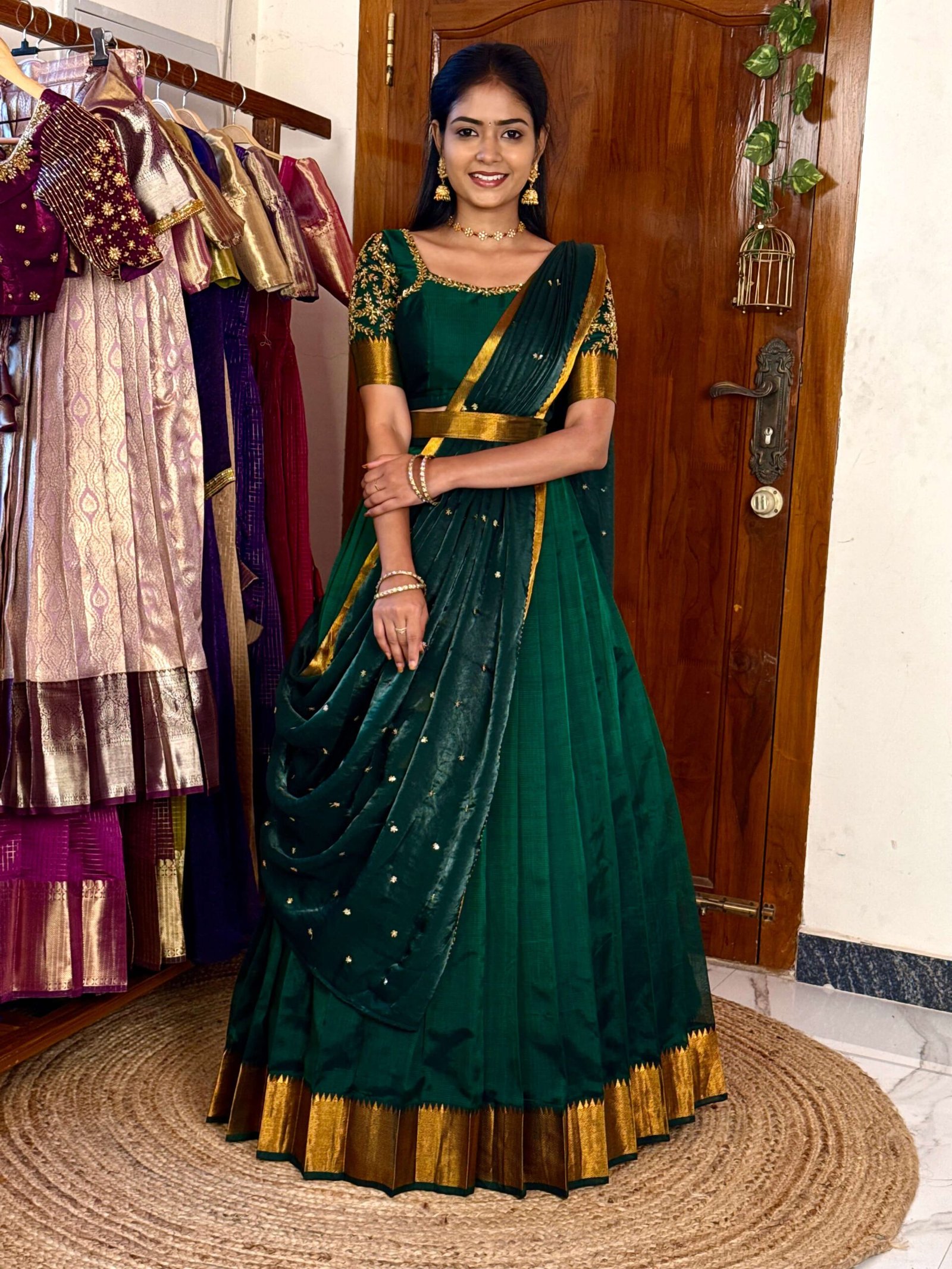 Mangalagiri Silk Premium Halfsaree - Dark green