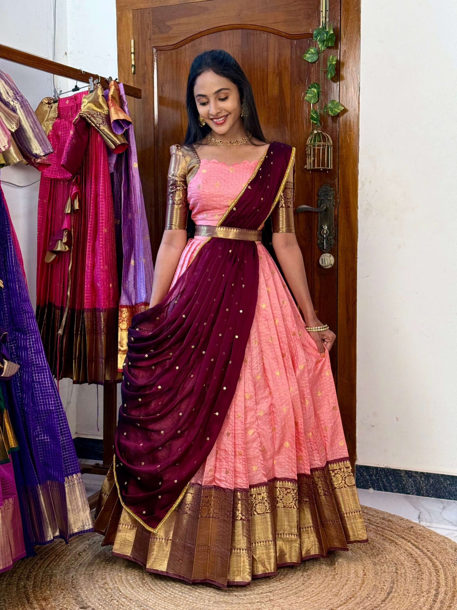Kanmani pink and dark wine lehenga