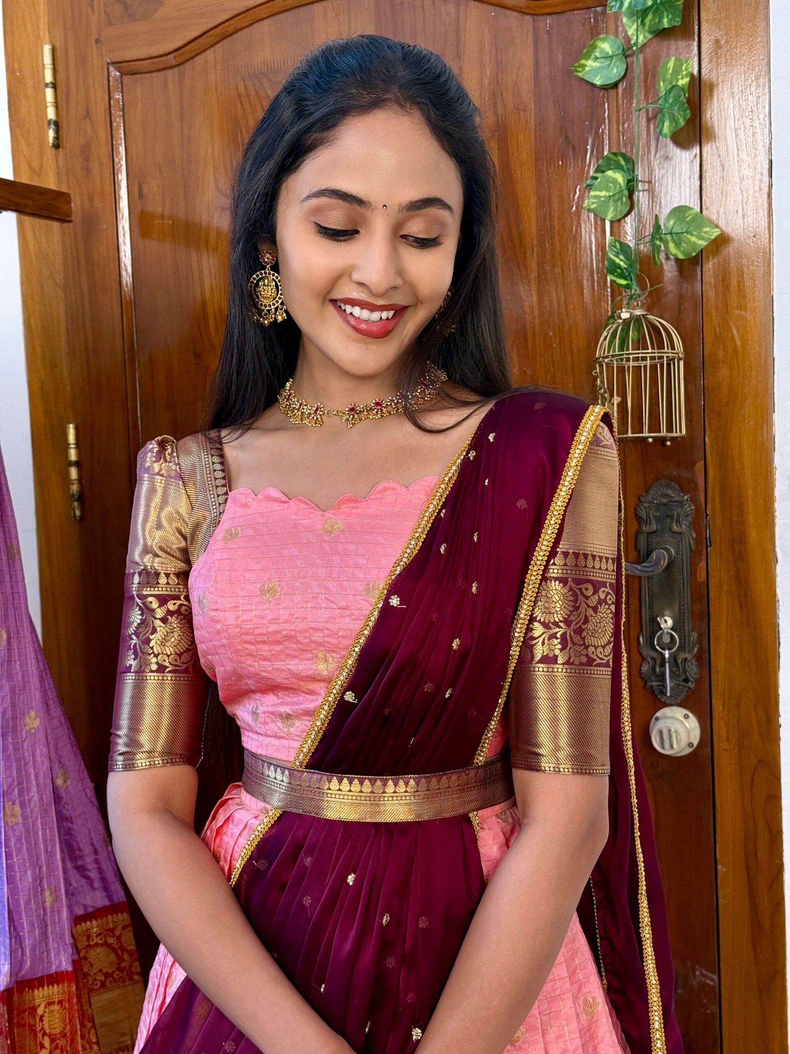Kanmani pink and dark wine lehenga