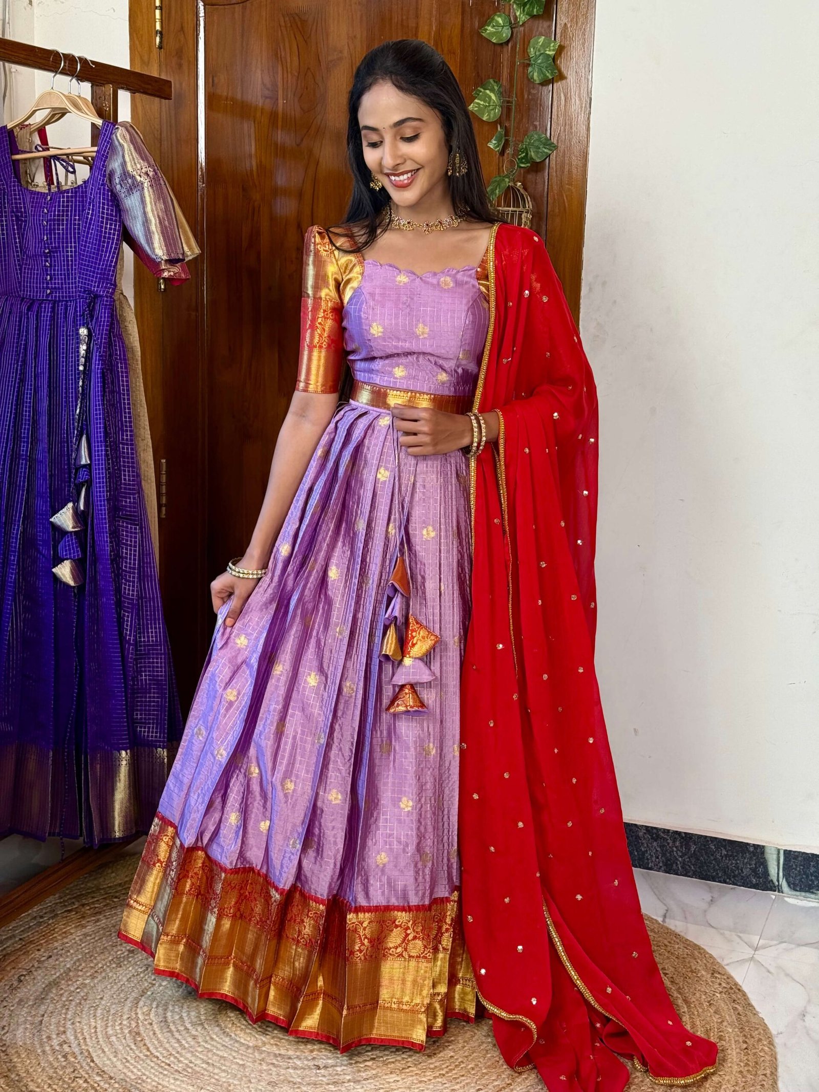 Kanmani Lavender and red lehenga