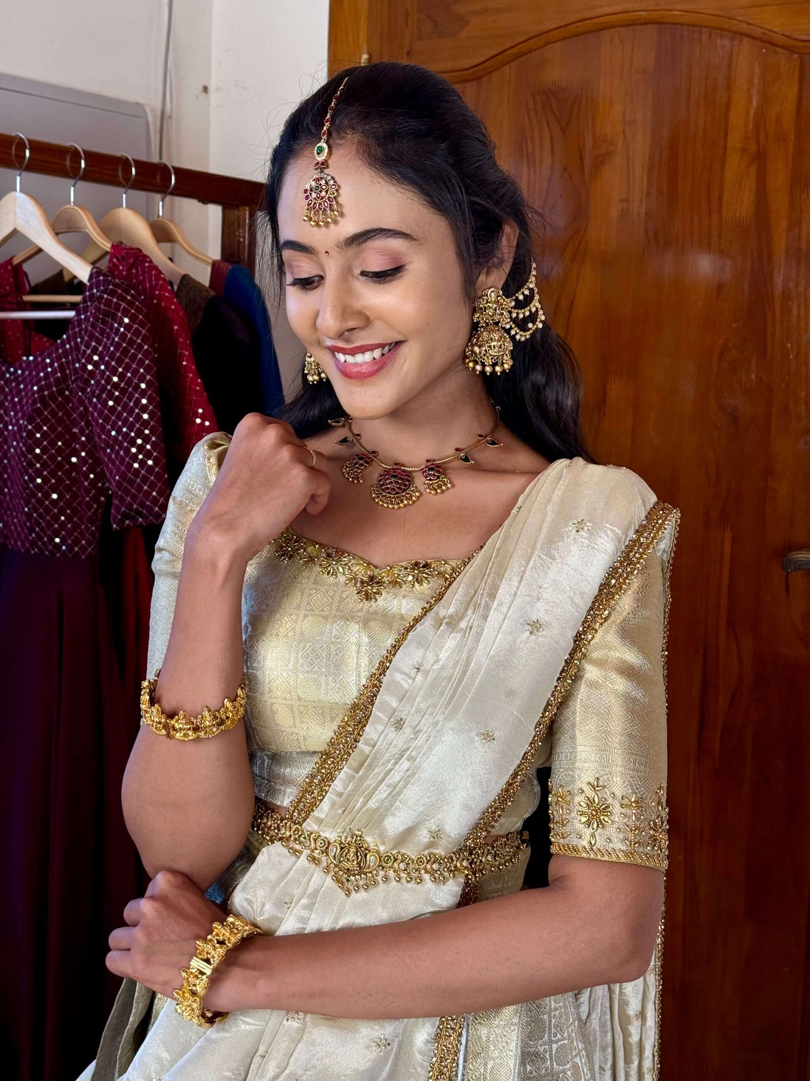 Laya in Onam vastra hand work Lehenga