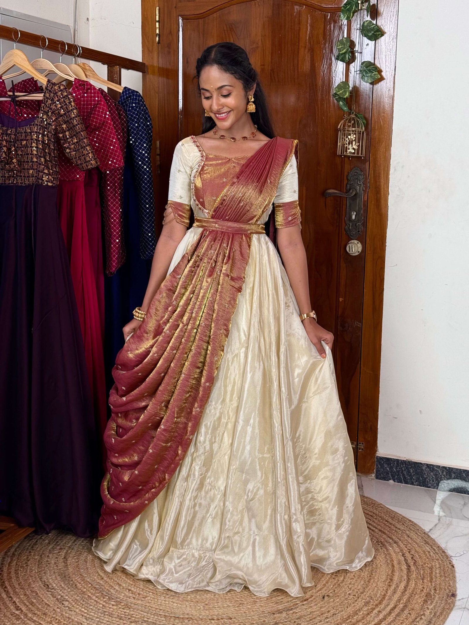 Mugil off white and pink onam maxi