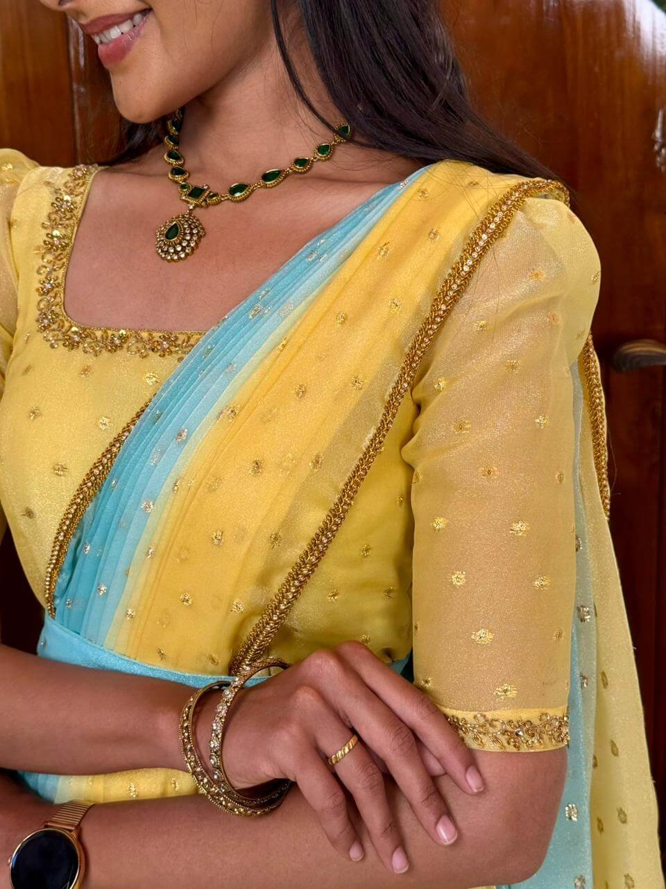 Rathi Yellow blue double shaded hand work maxi