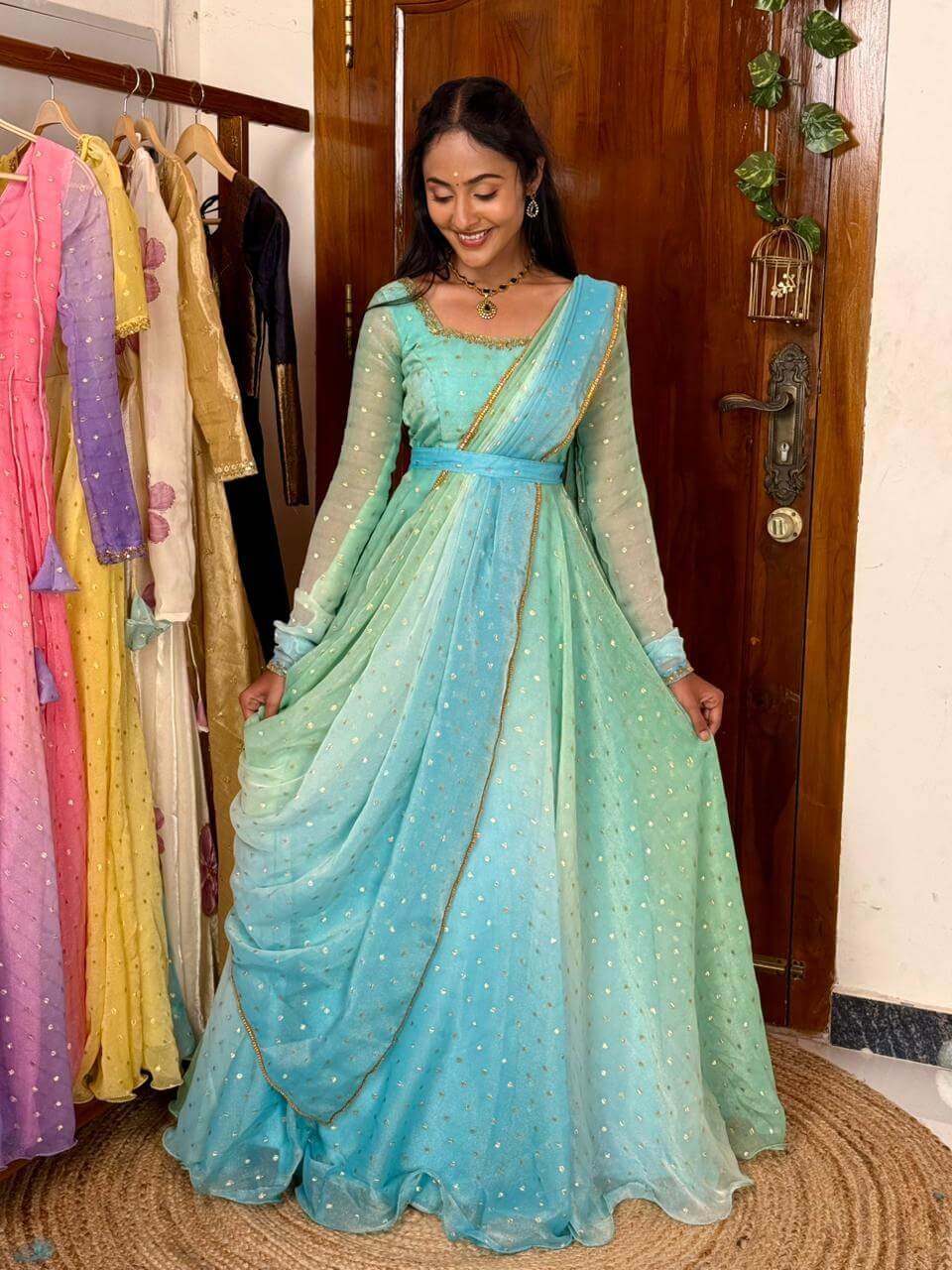 Rathi sea green blue double shaded hand work maxi
