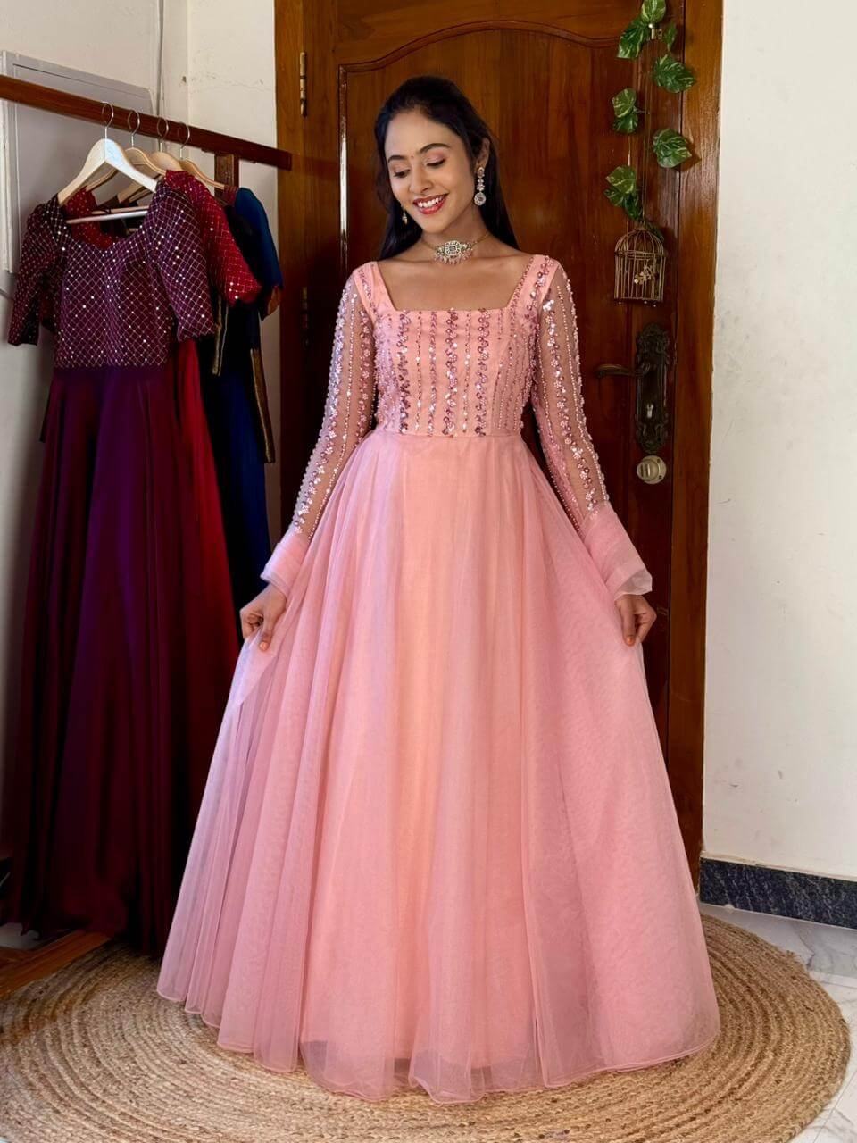 Ruby peach pink beaded maxi