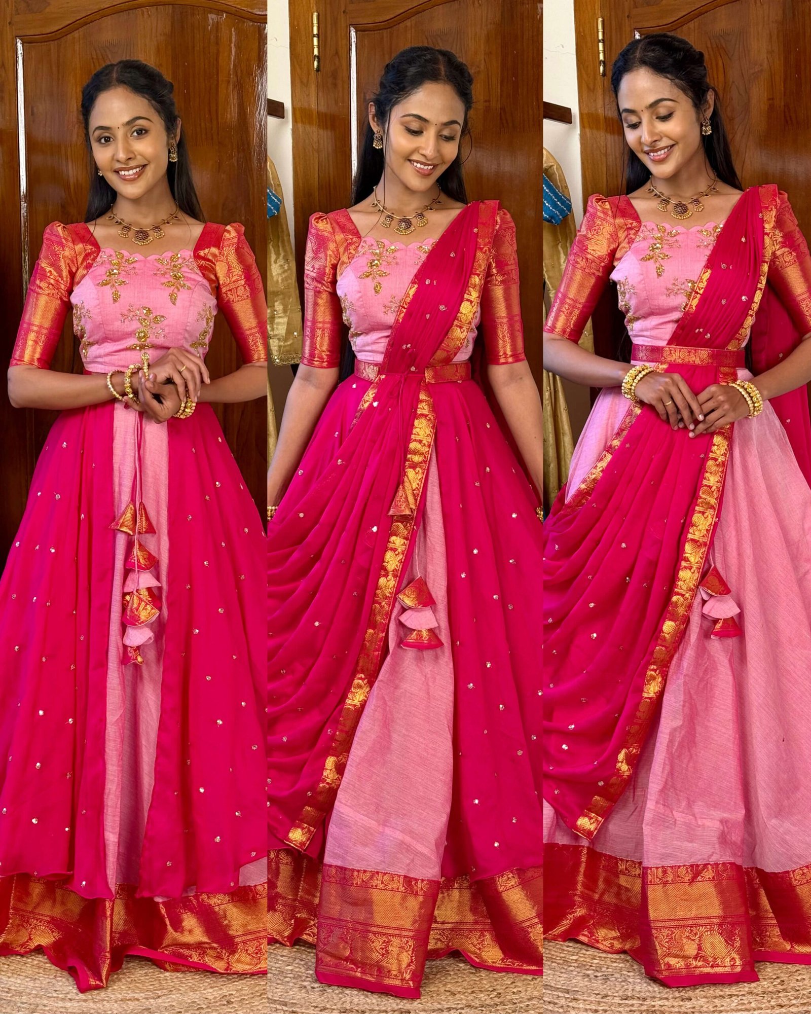 4 in 1 Dreamy layers Pink and rani lehenga