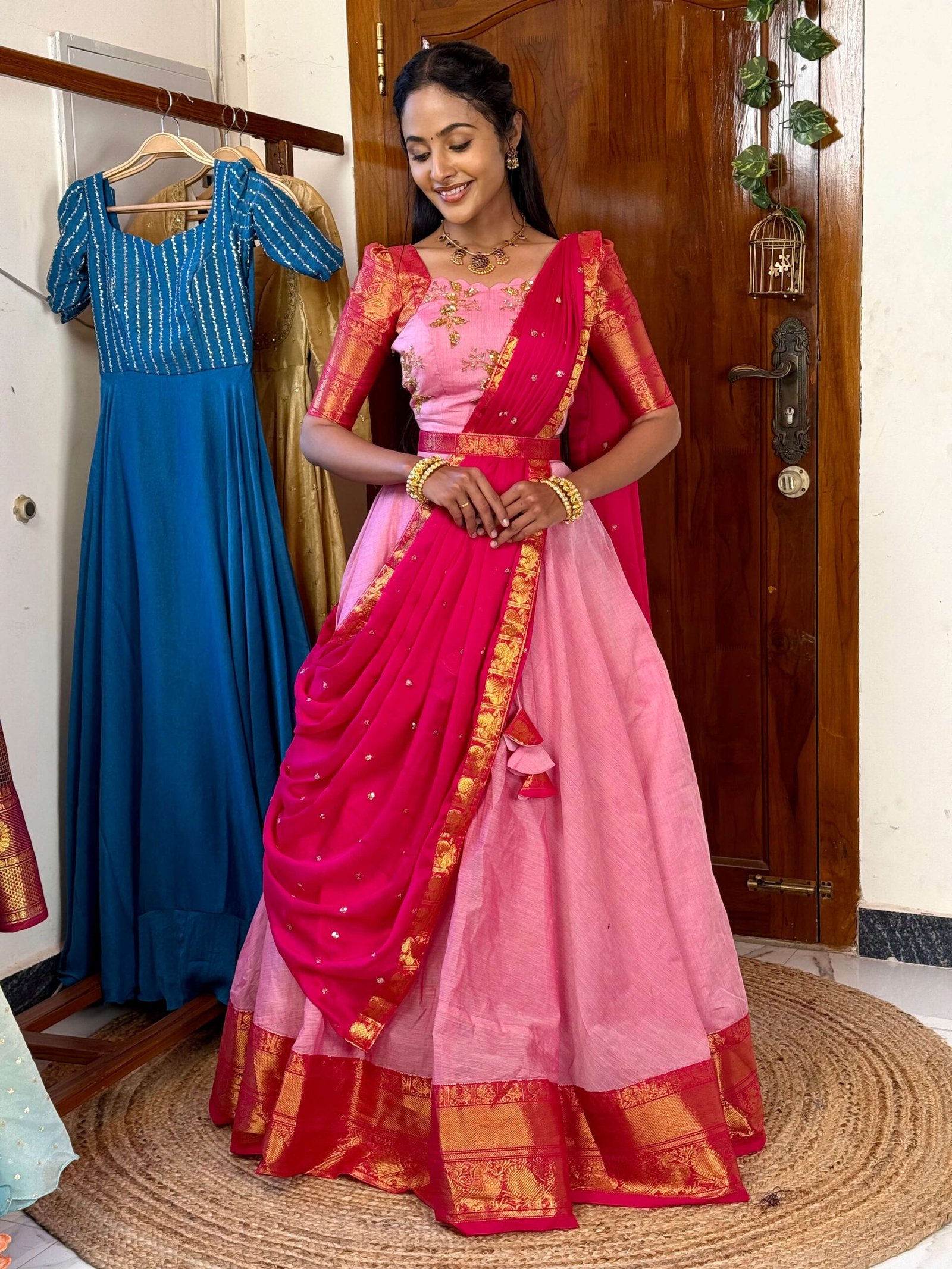 4 in 1 Dreamy layers Pink and rani lehenga