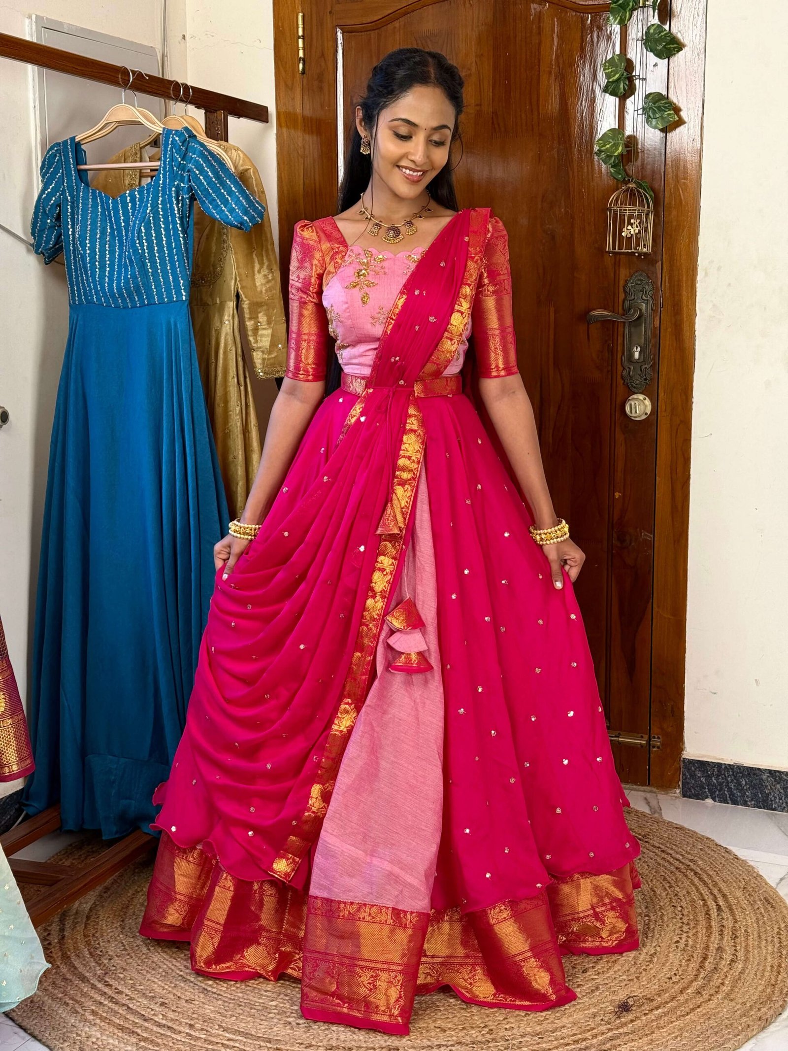 4 in 1 Dreamy layers Pink and rani lehenga