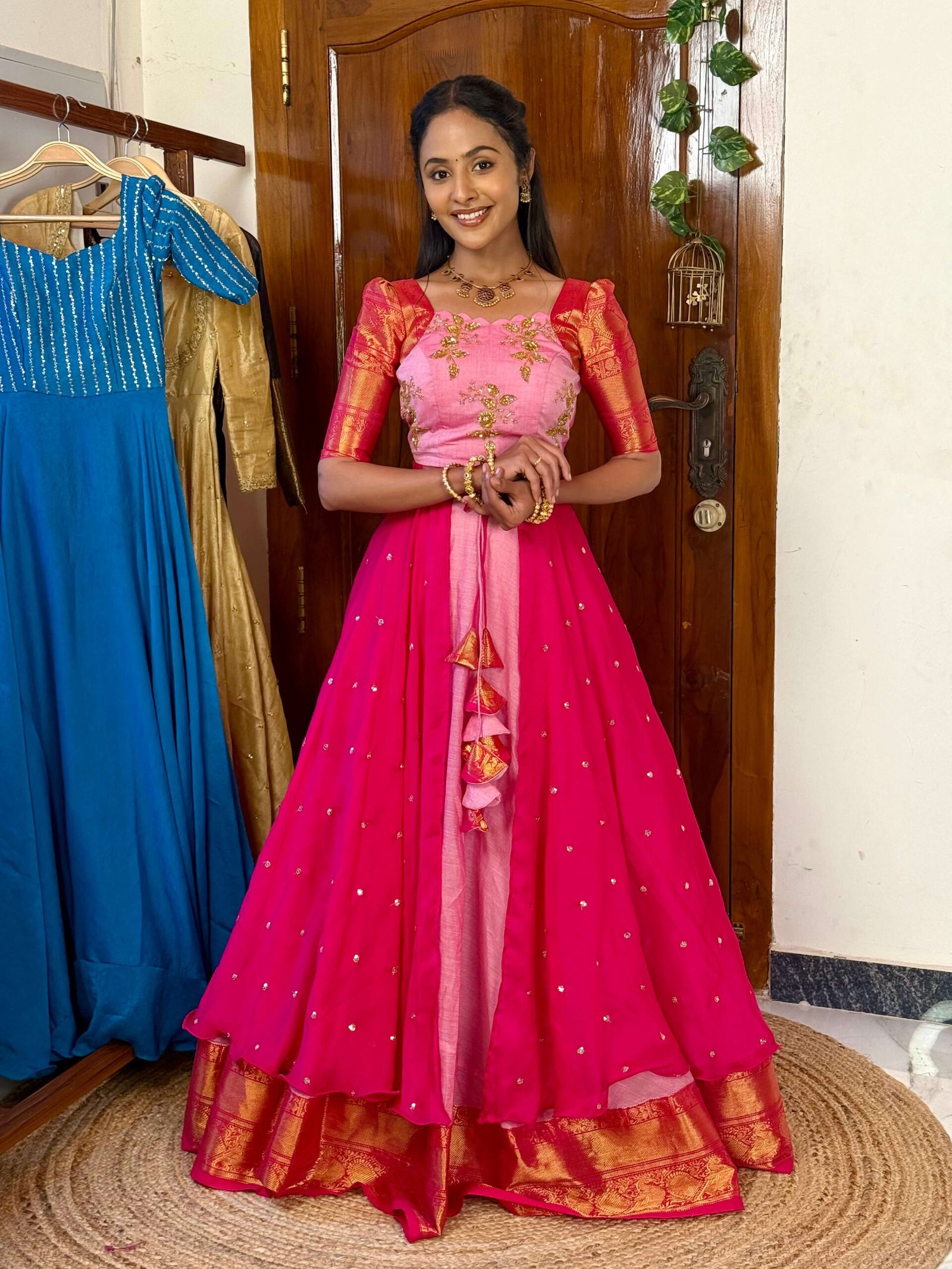 4 in 1 Dreamy layers Pink and rani lehenga