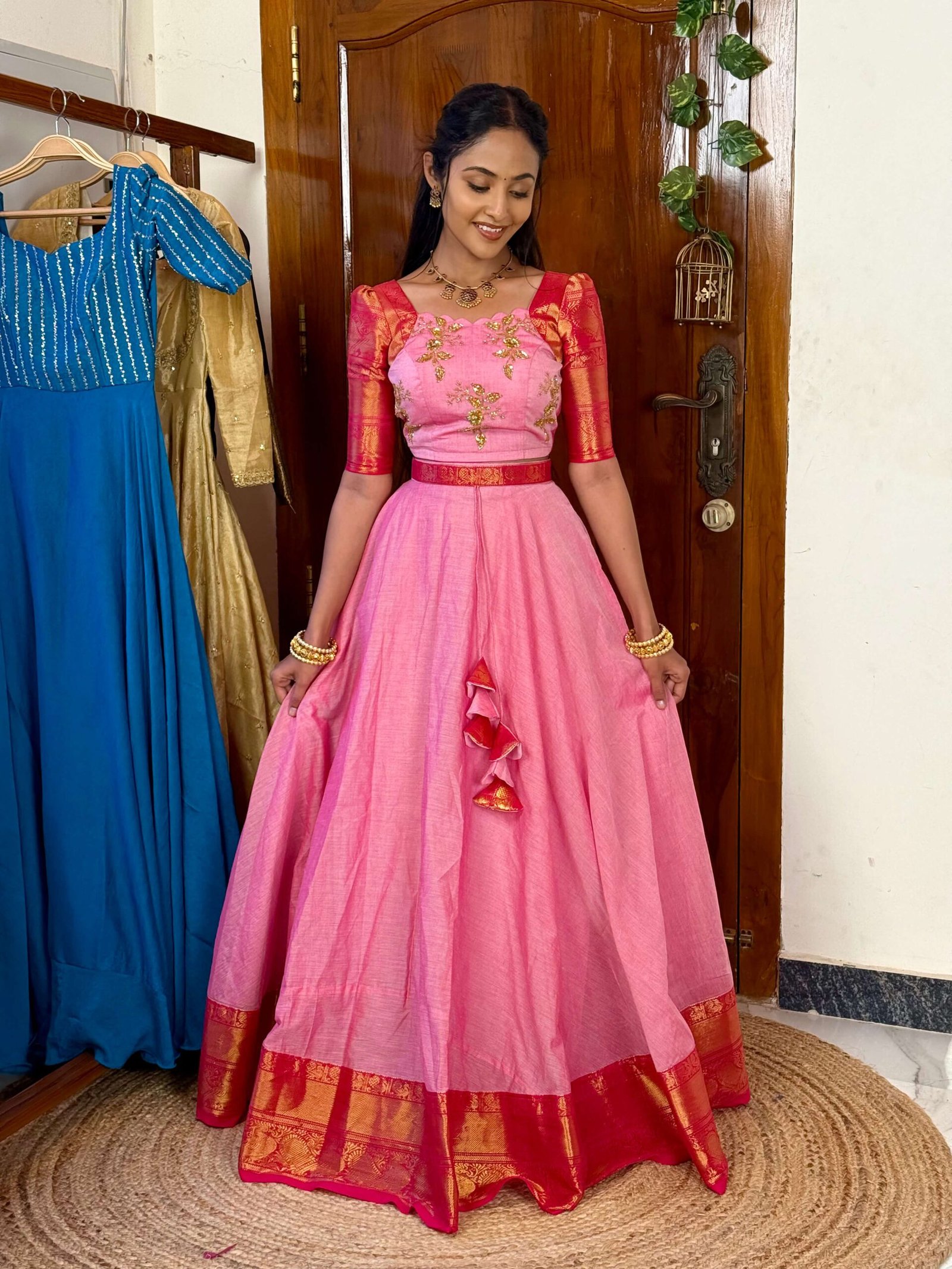 4 in 1 Dreamy layers Pink and rani lehenga