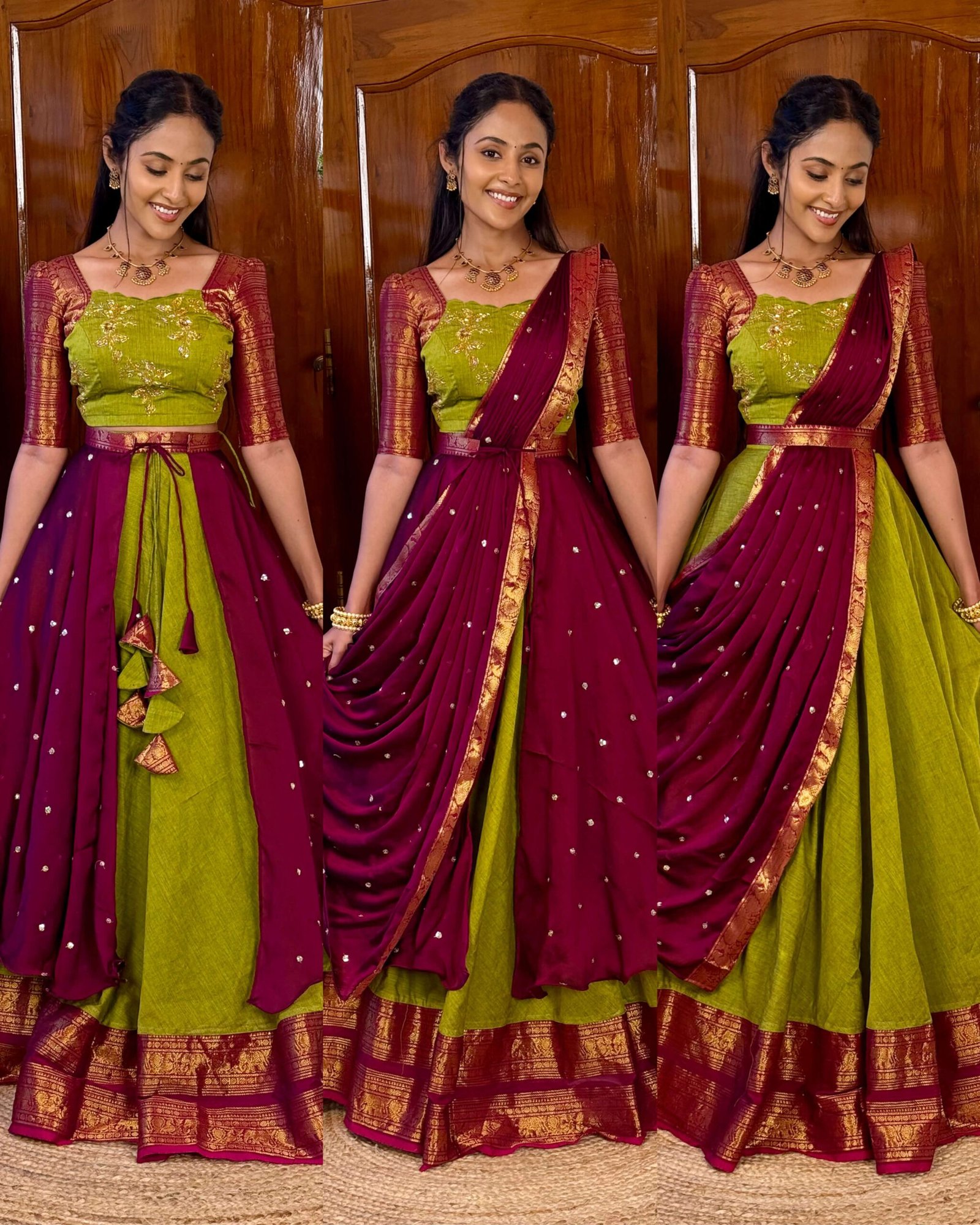 4 in 1 Dreamy layers Mehendi and wine lehenga
