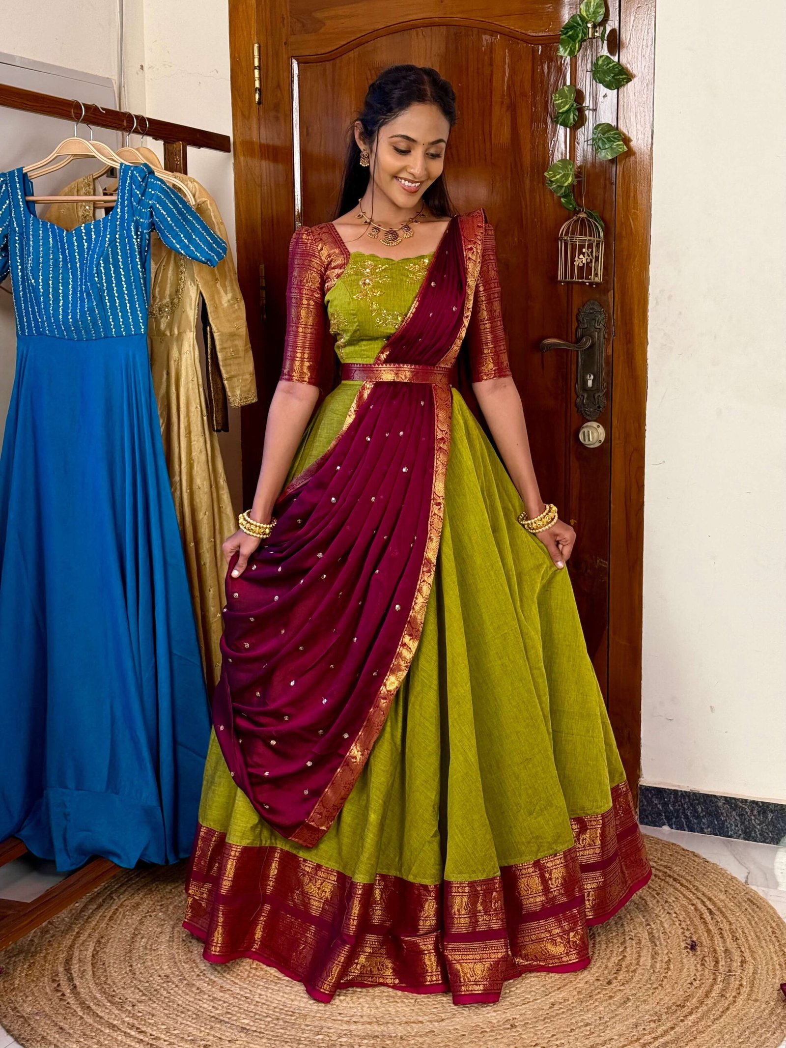 4 in 1 Dreamy layers Mehendi and wine lehenga