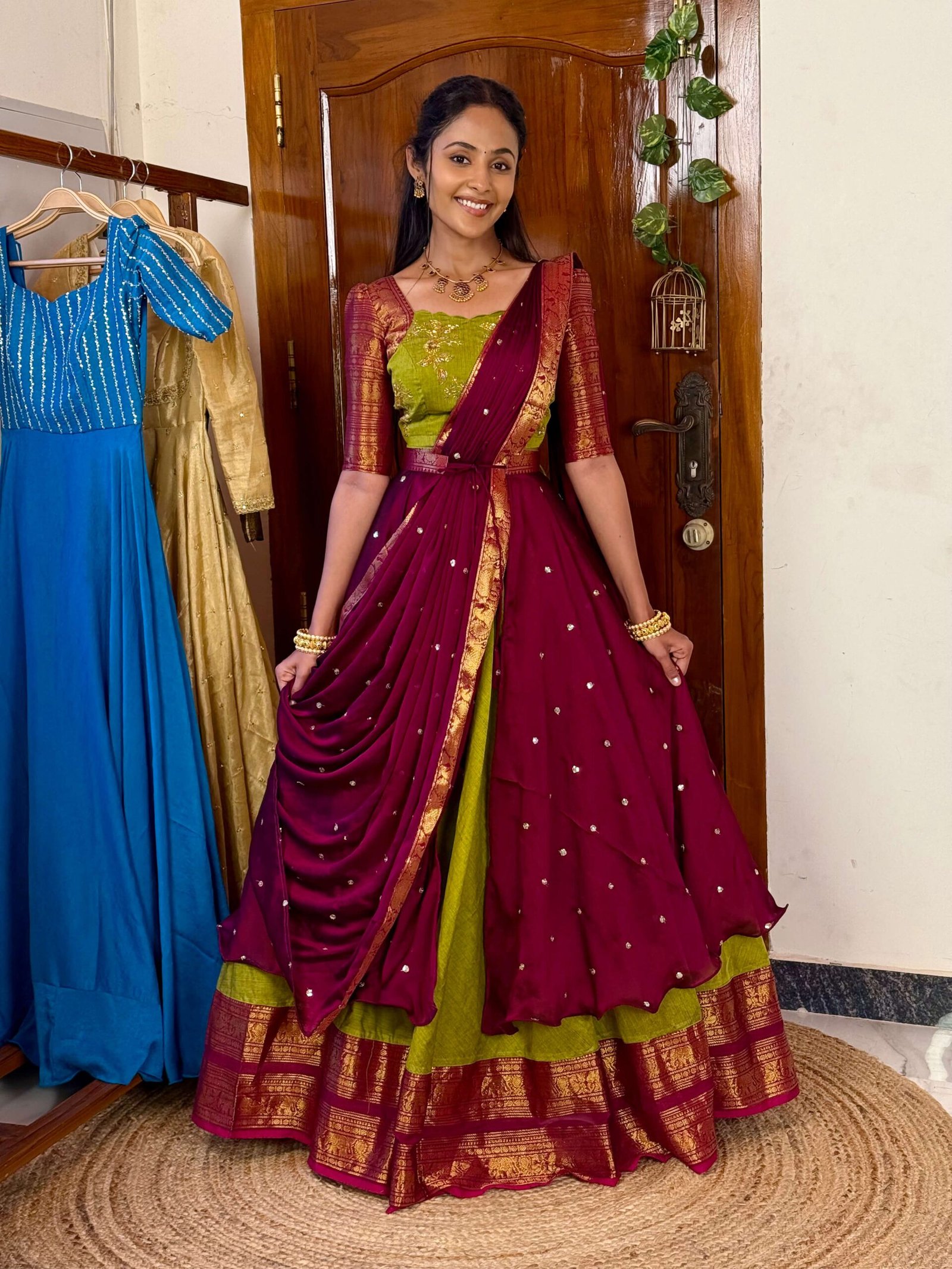 4 in 1 Dreamy layers Mehendi and wine lehenga