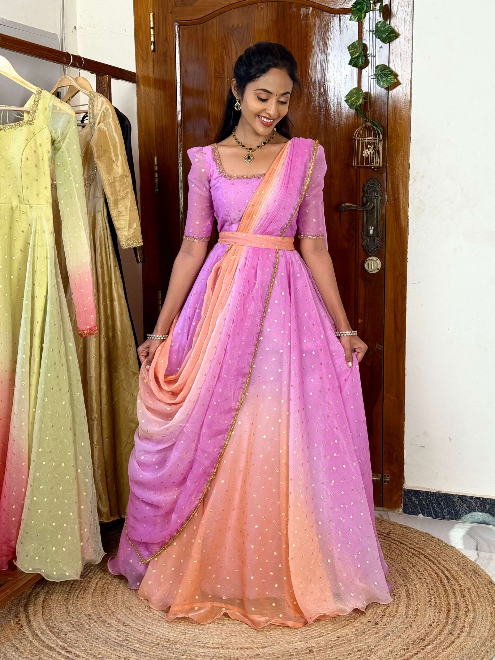 Rathi Lavender &  peach double shaded hand work maxi