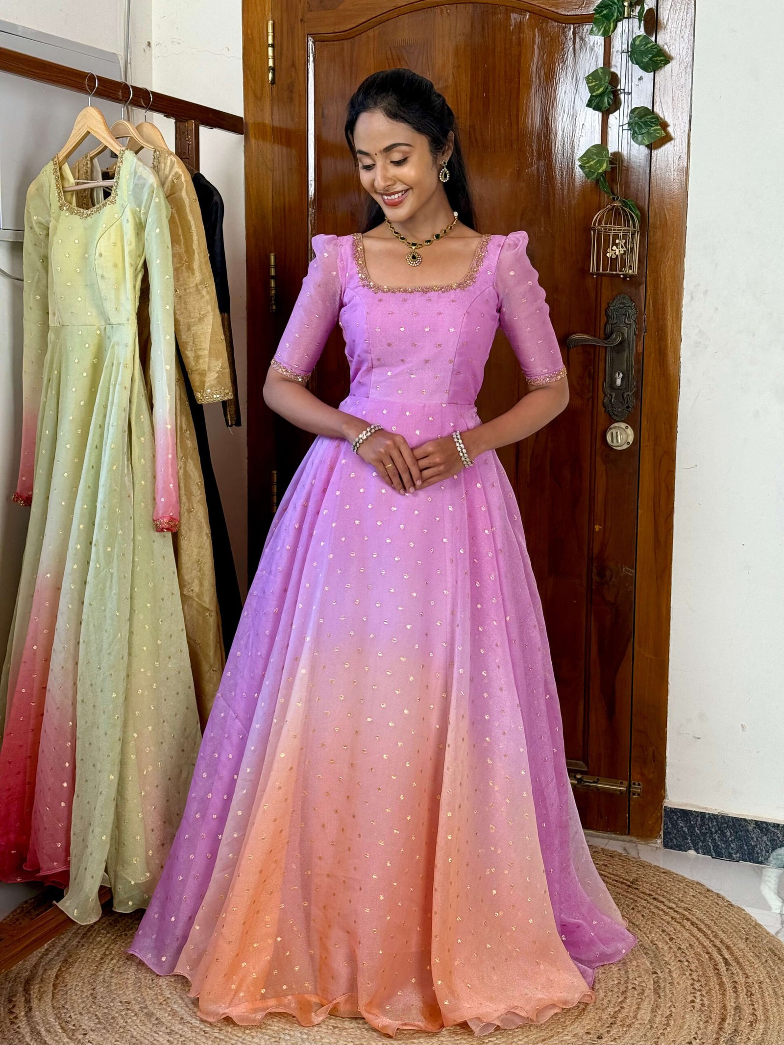 Rathi Lavender &  peach double shaded hand work maxi
