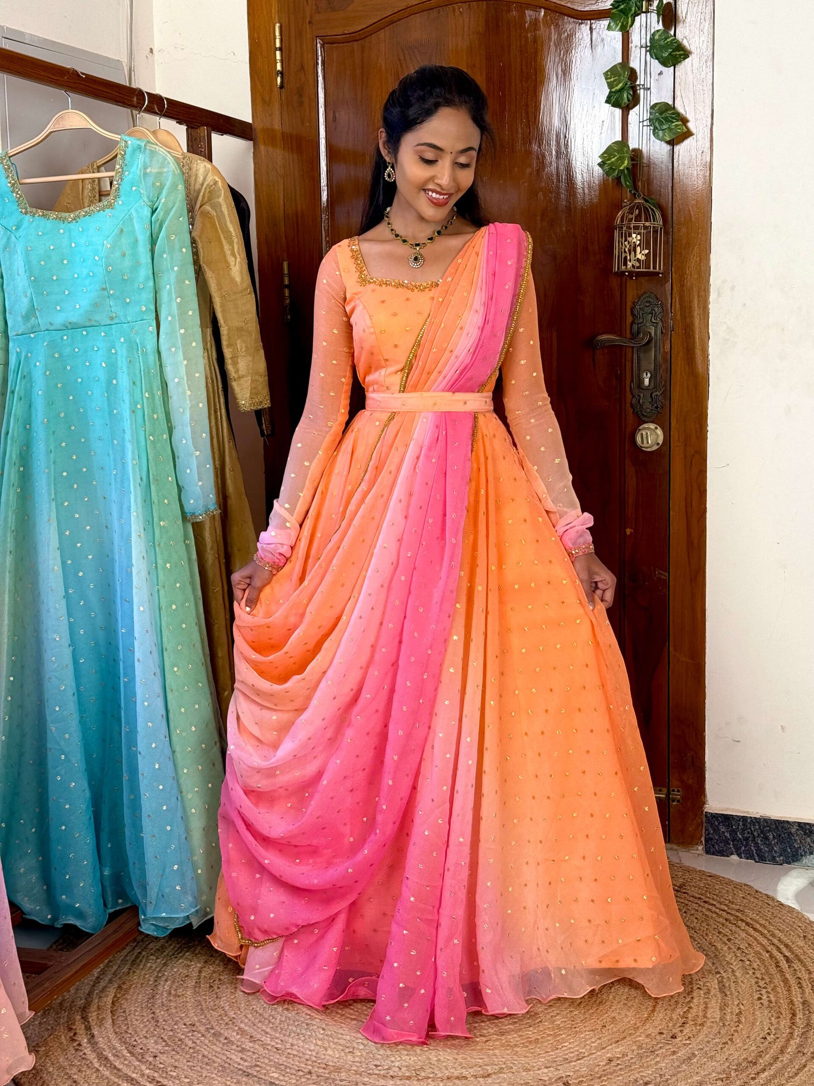 Rathi peach & pink double shaded hand work maxi