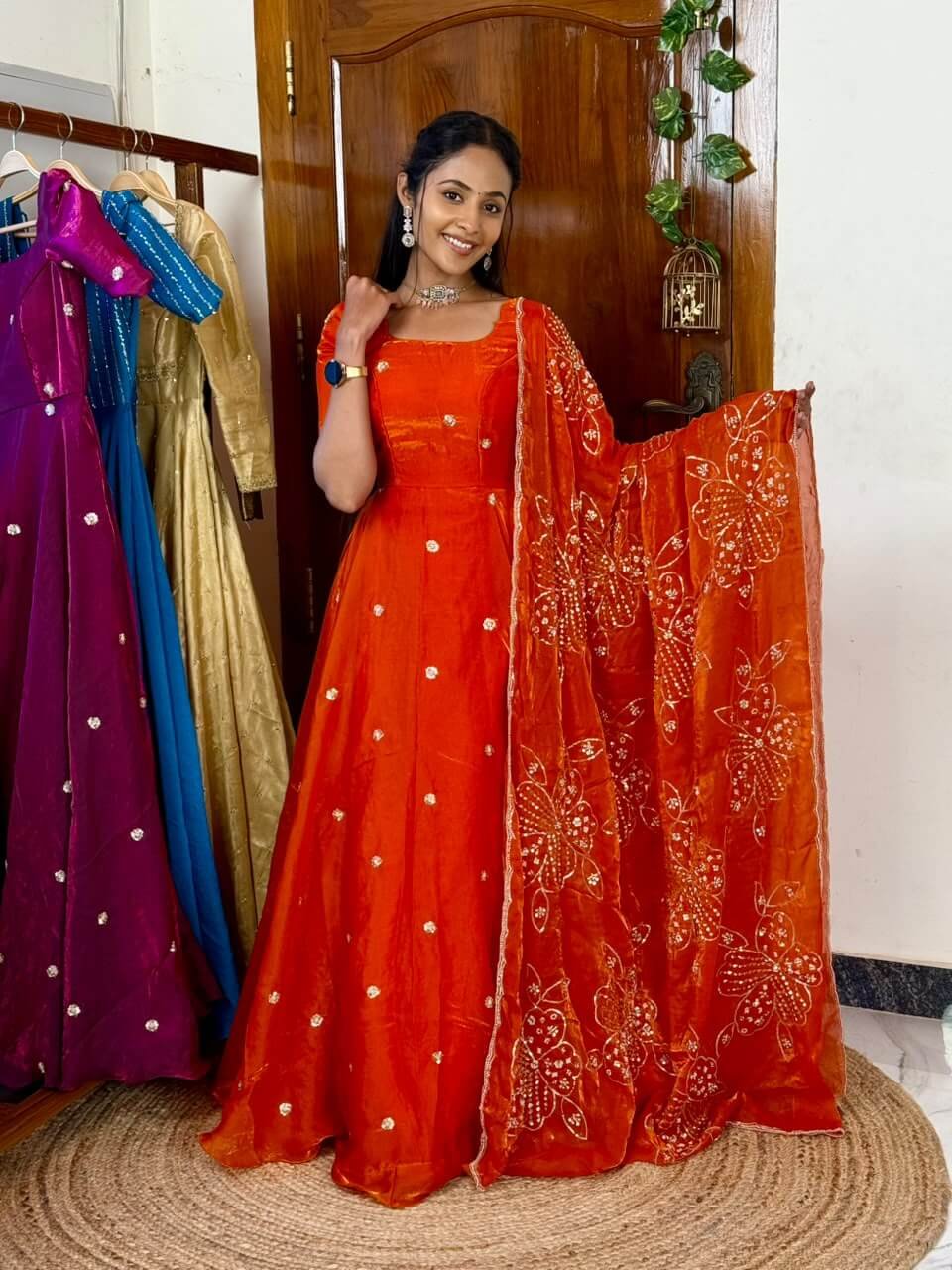 Raha orange maxi with grand bead work shawl