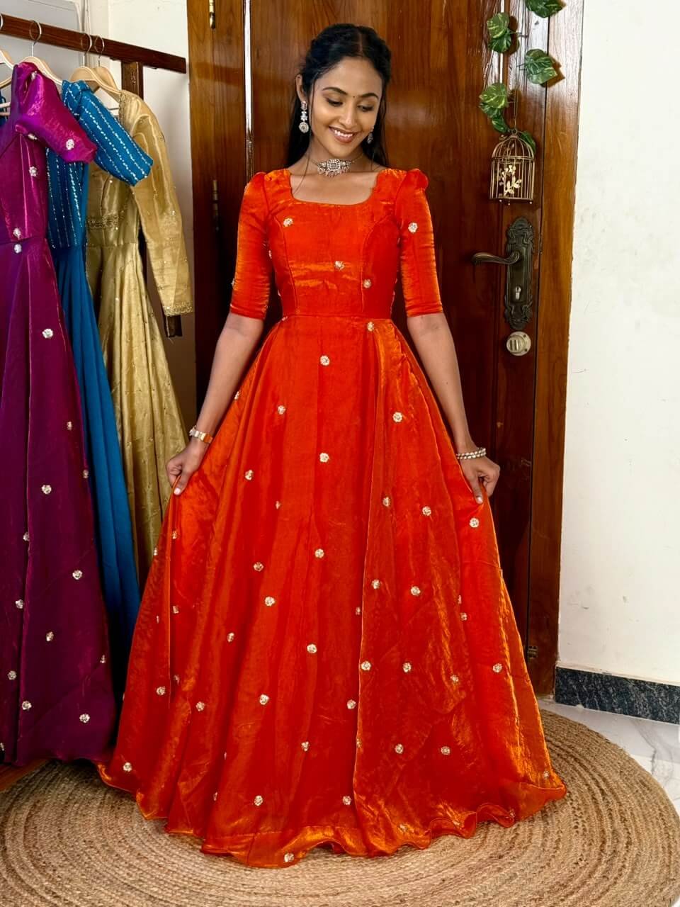 Raha orange maxi with grand bead work shawl