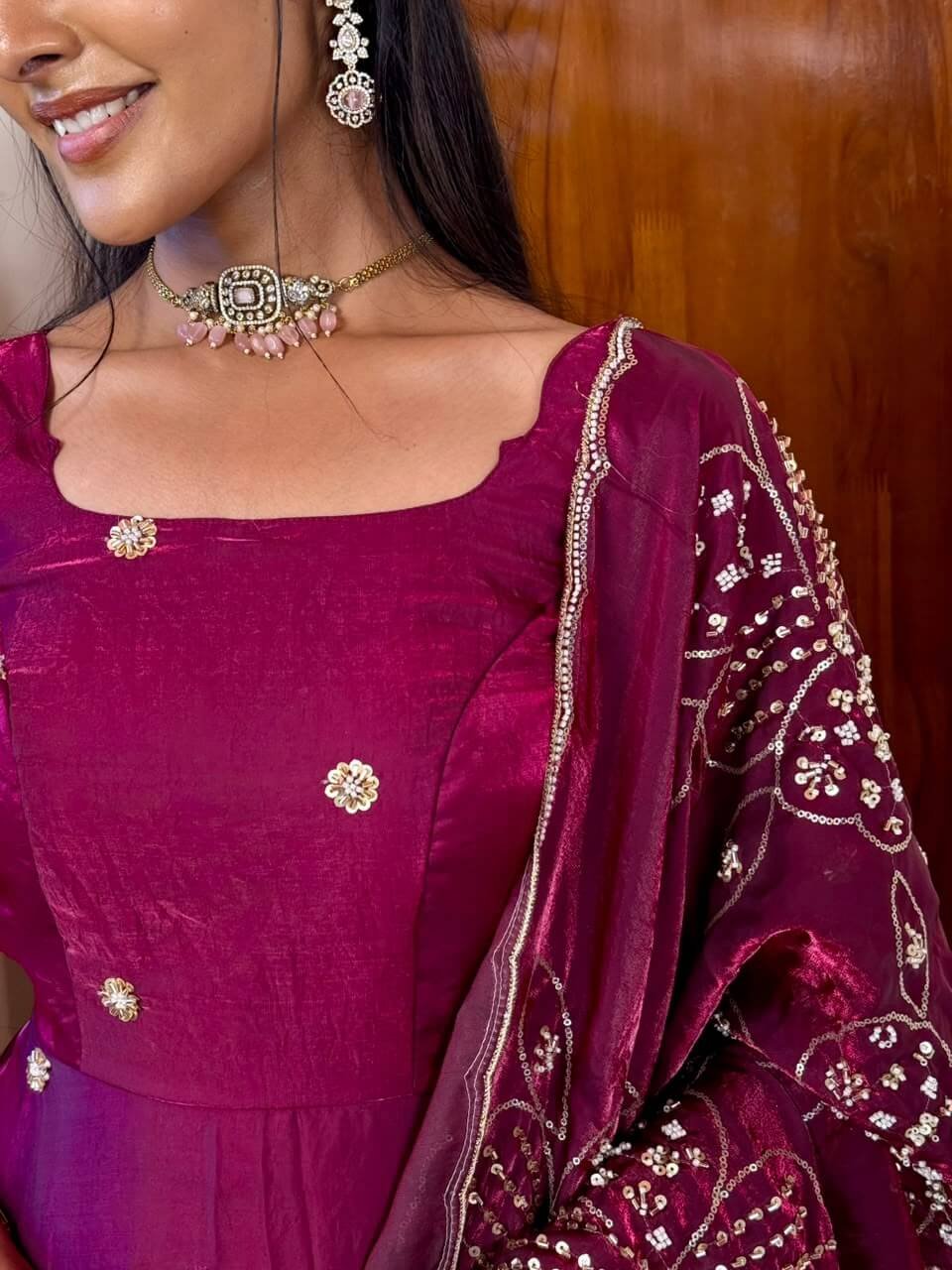 Raha magenta maxi with grand bead work shawl