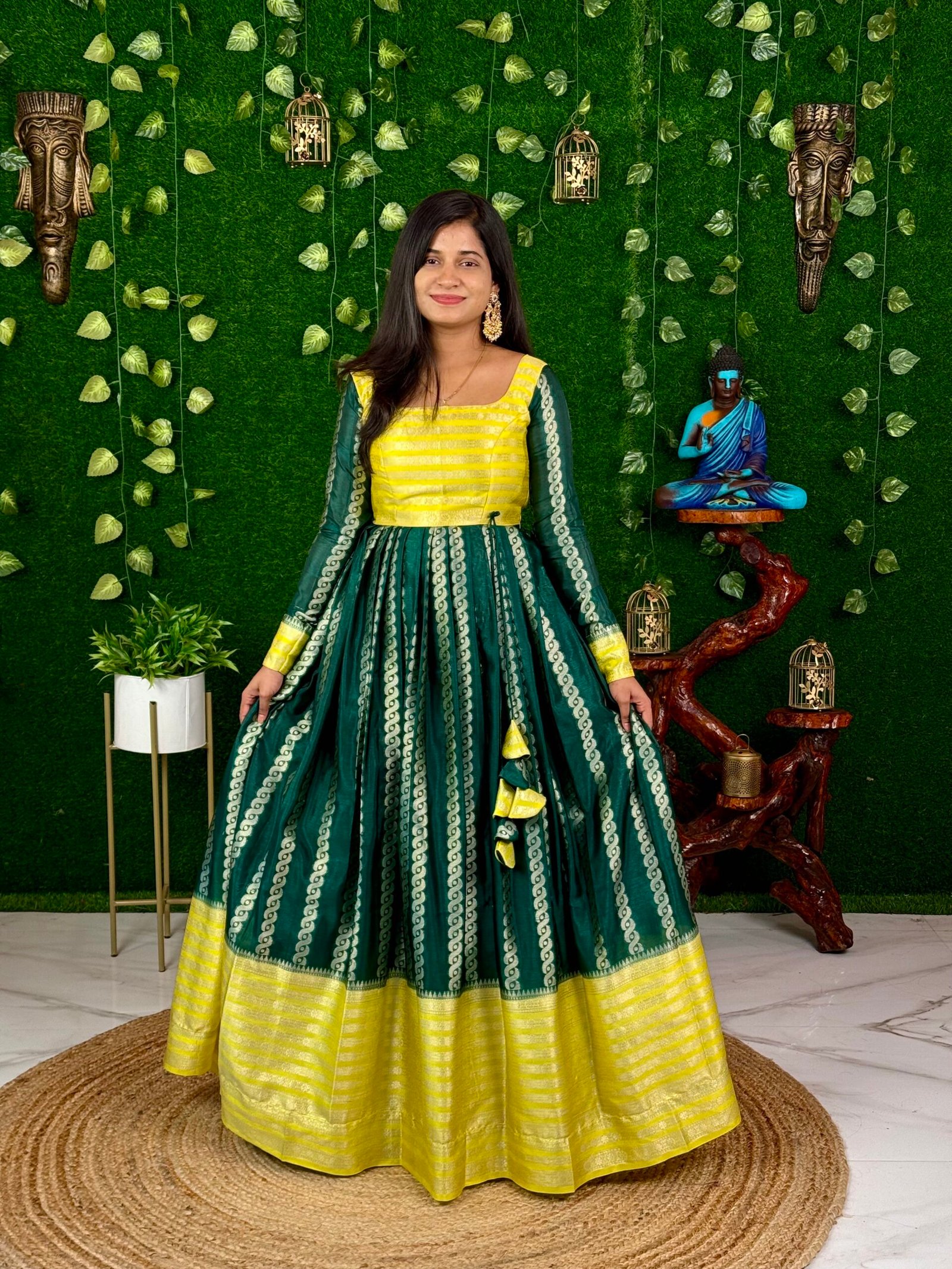 Silk Stripes Maxi Dress Green And Yellow