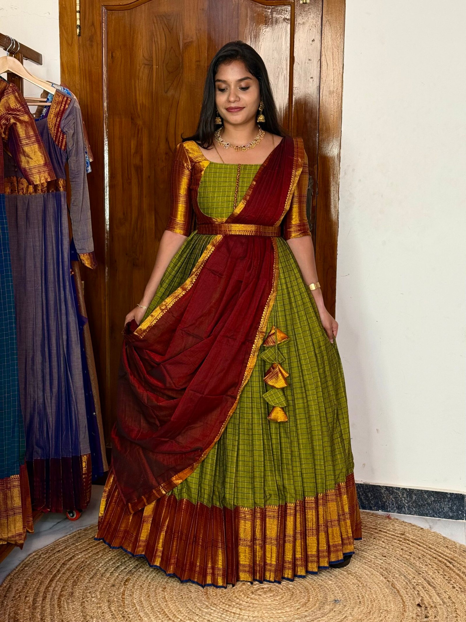 Zarigai Mehendi green and maroon Maxi dress
