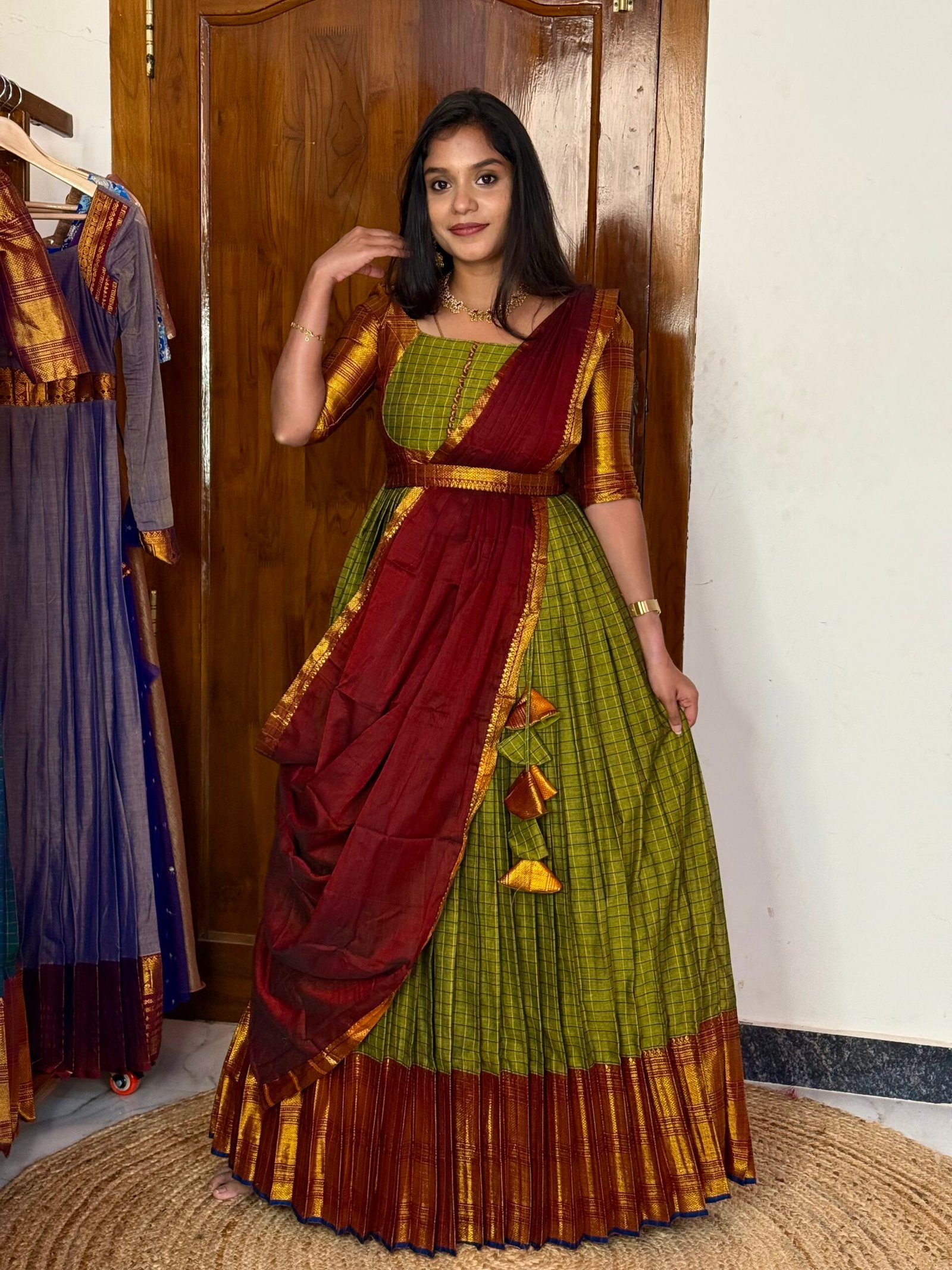 Zarigai Mehendi green and maroon Maxi dress