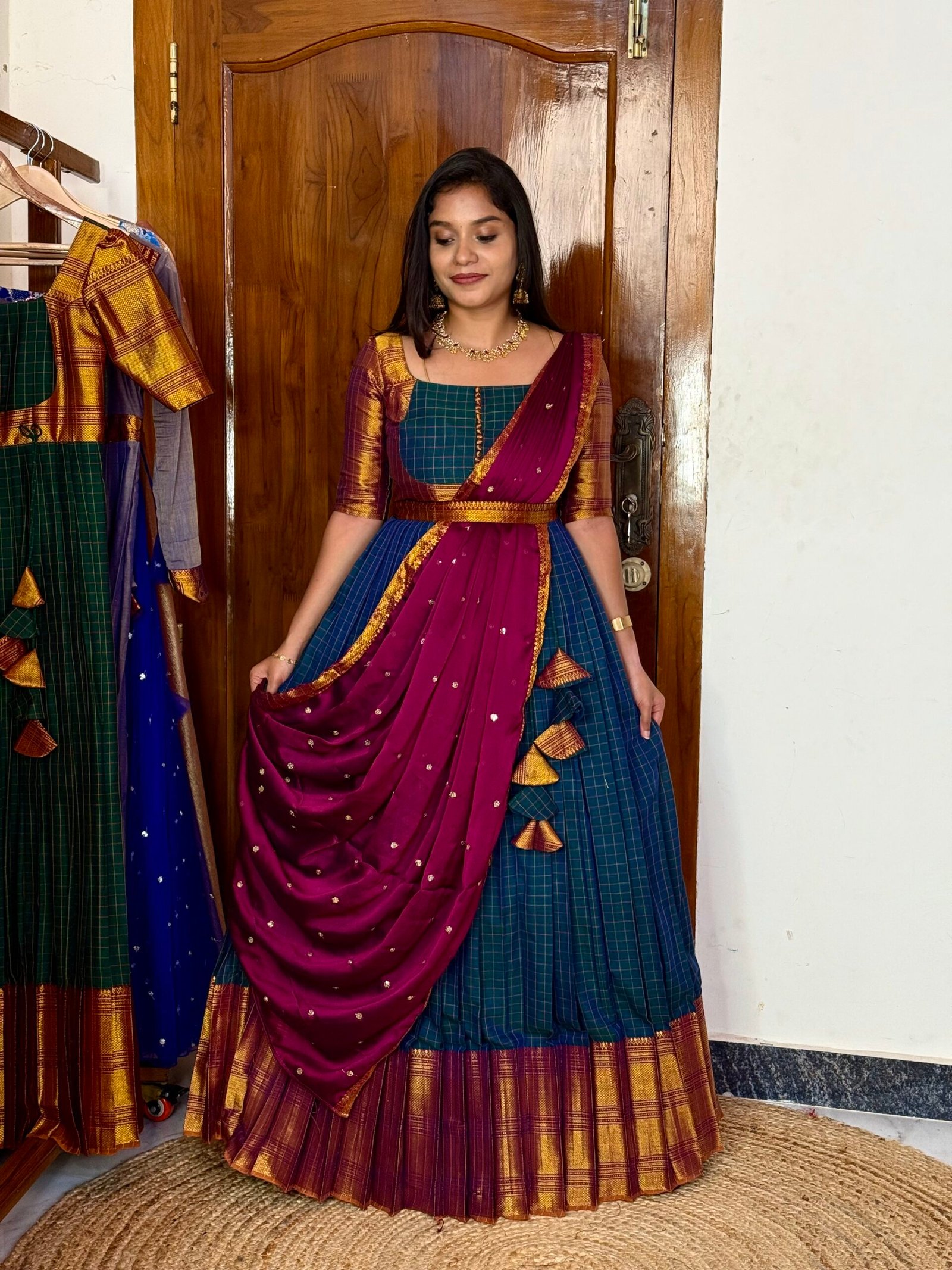 Zarigai Peocock and magenta Maxi dress