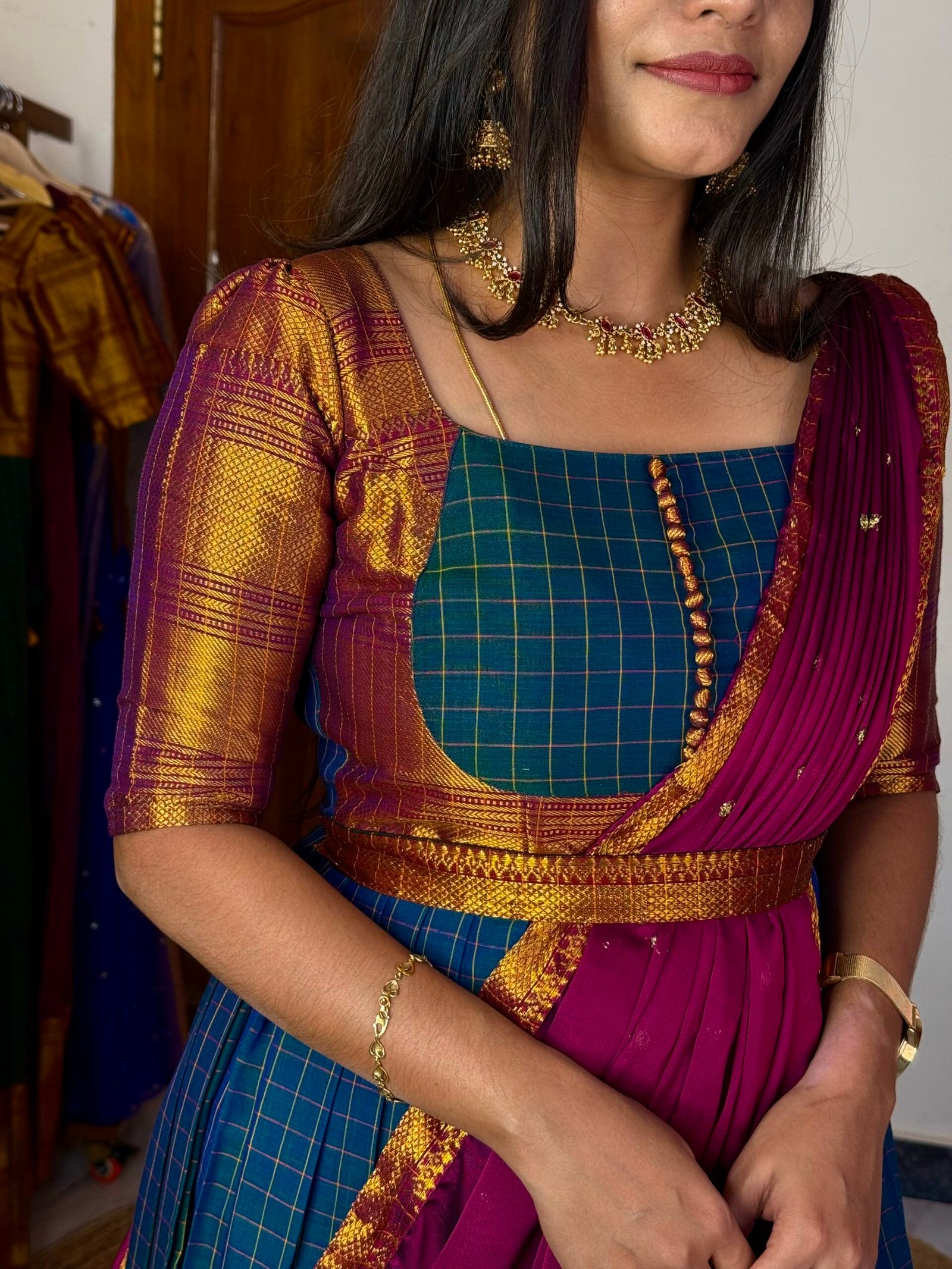 Zarigai Peocock and magenta Maxi dress